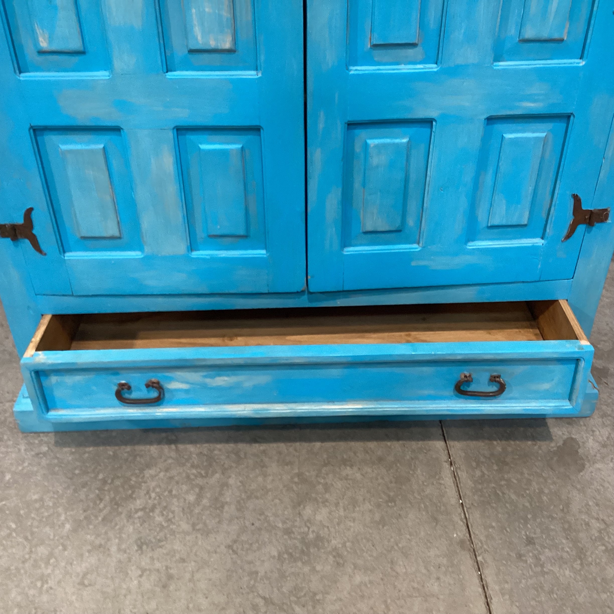 Rustic Carved Pine Distressed Blue 2 Door with Shelves 1 Drawer Armoire 51"x 25"x 80"