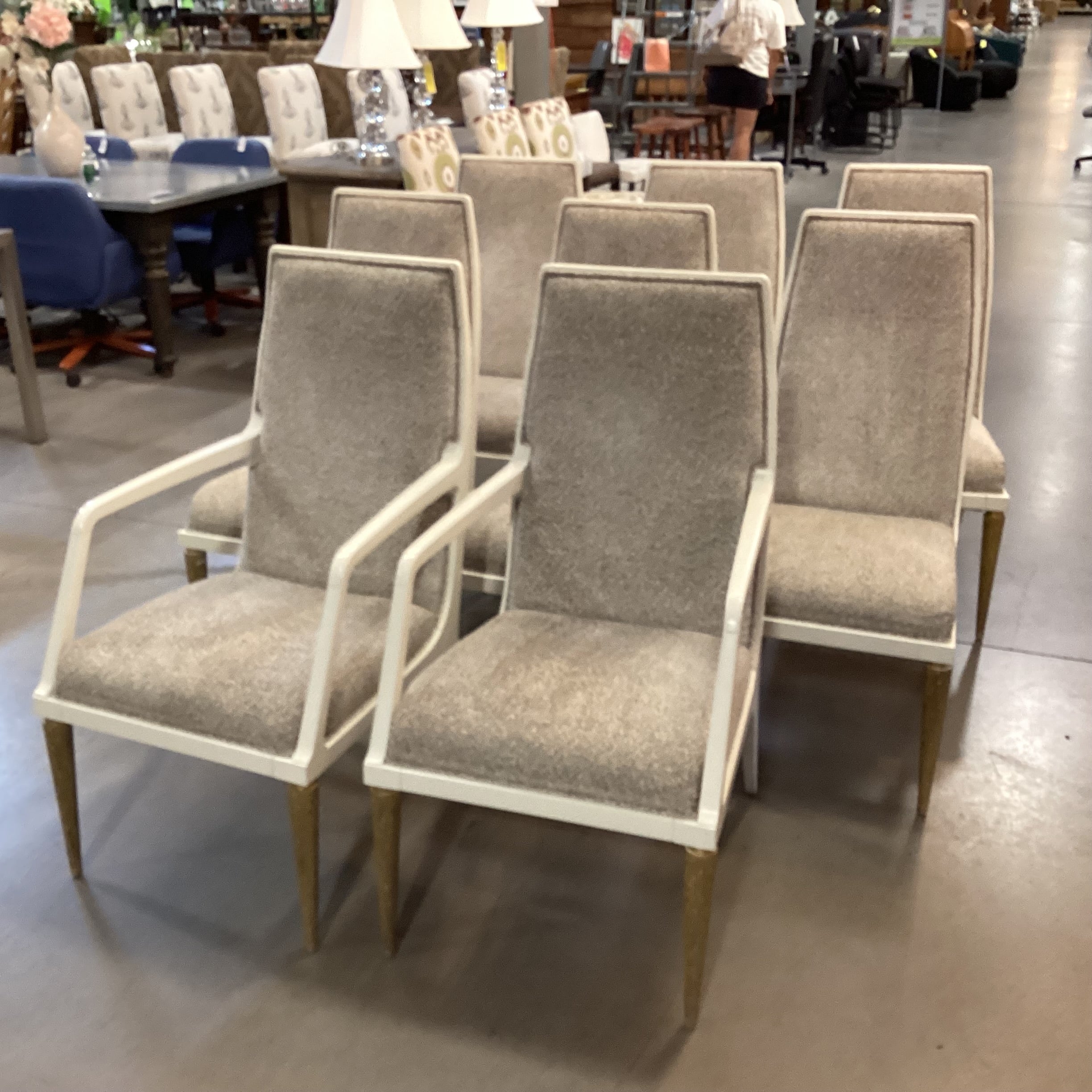SET of 8 Jean Louis Denoit for Baker Taupe Cream Black Raised Chenille Woven & Cream Gold Wood Jasper Dining Chairs 23"x 28"x 42"