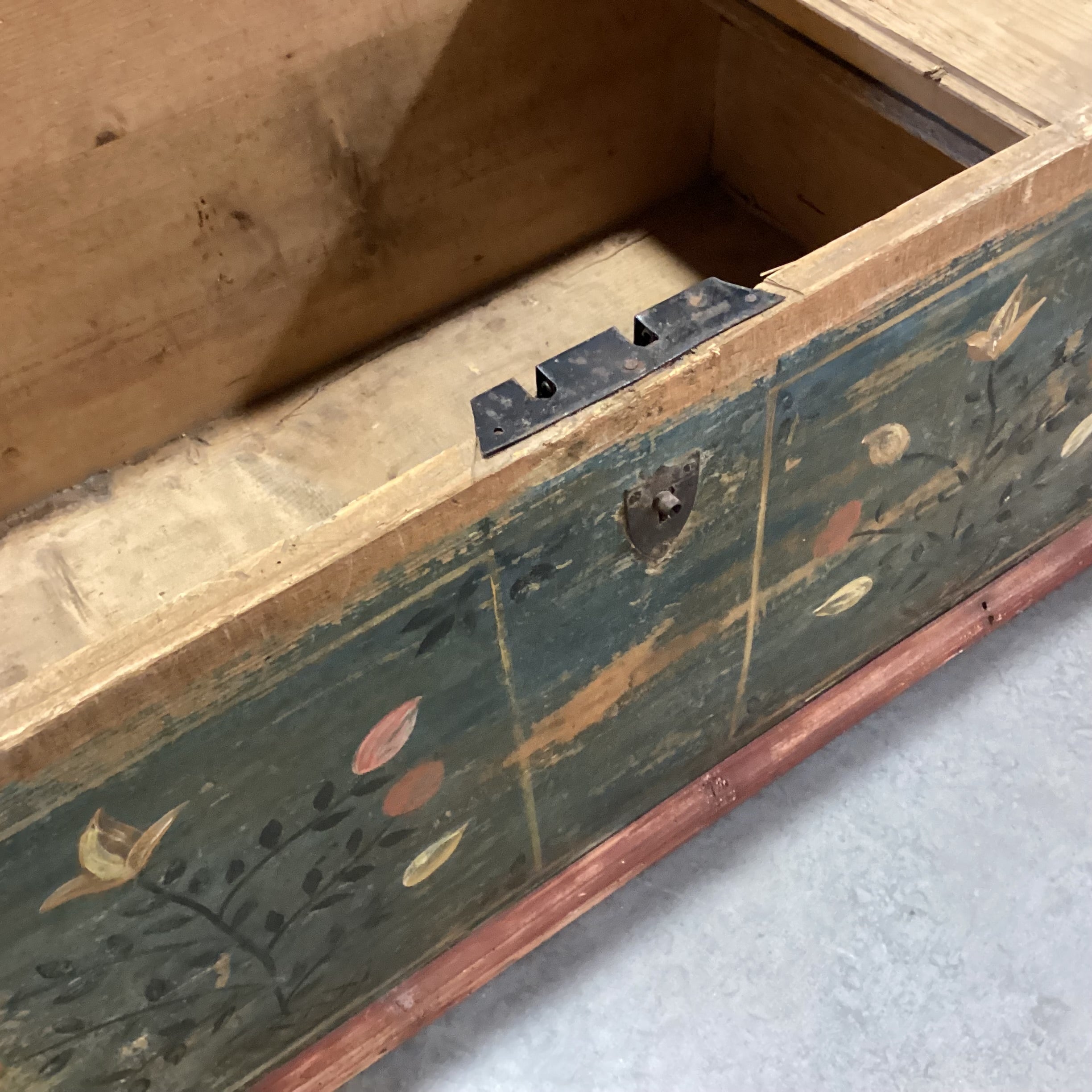 Antique Carved Wood with Hand Painted Floral Panel Trunk 42.5"x 23"x 18"