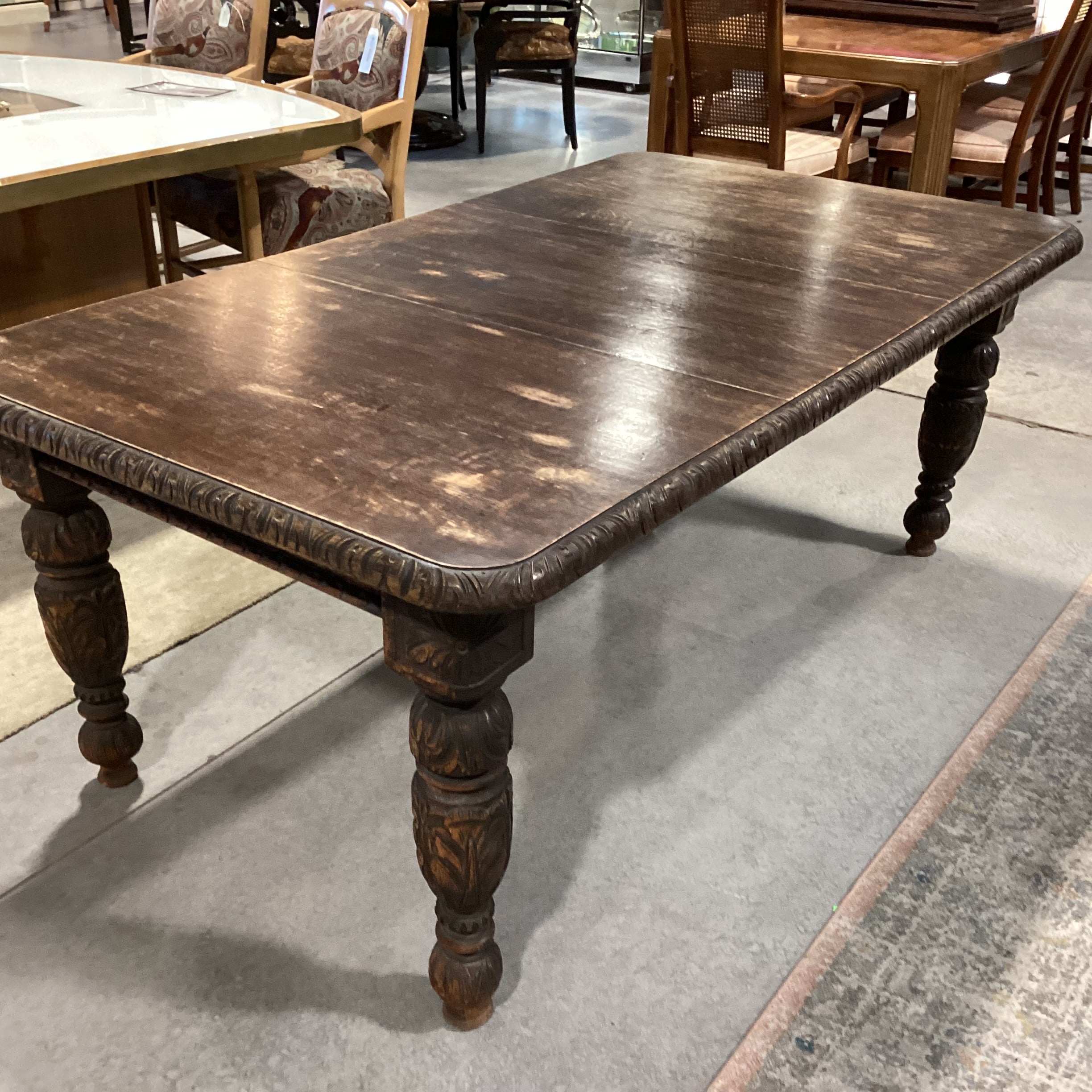 Antique Dark Finish Carved Oak with 1 Leaf Dining Table 70"x 42"x 28"