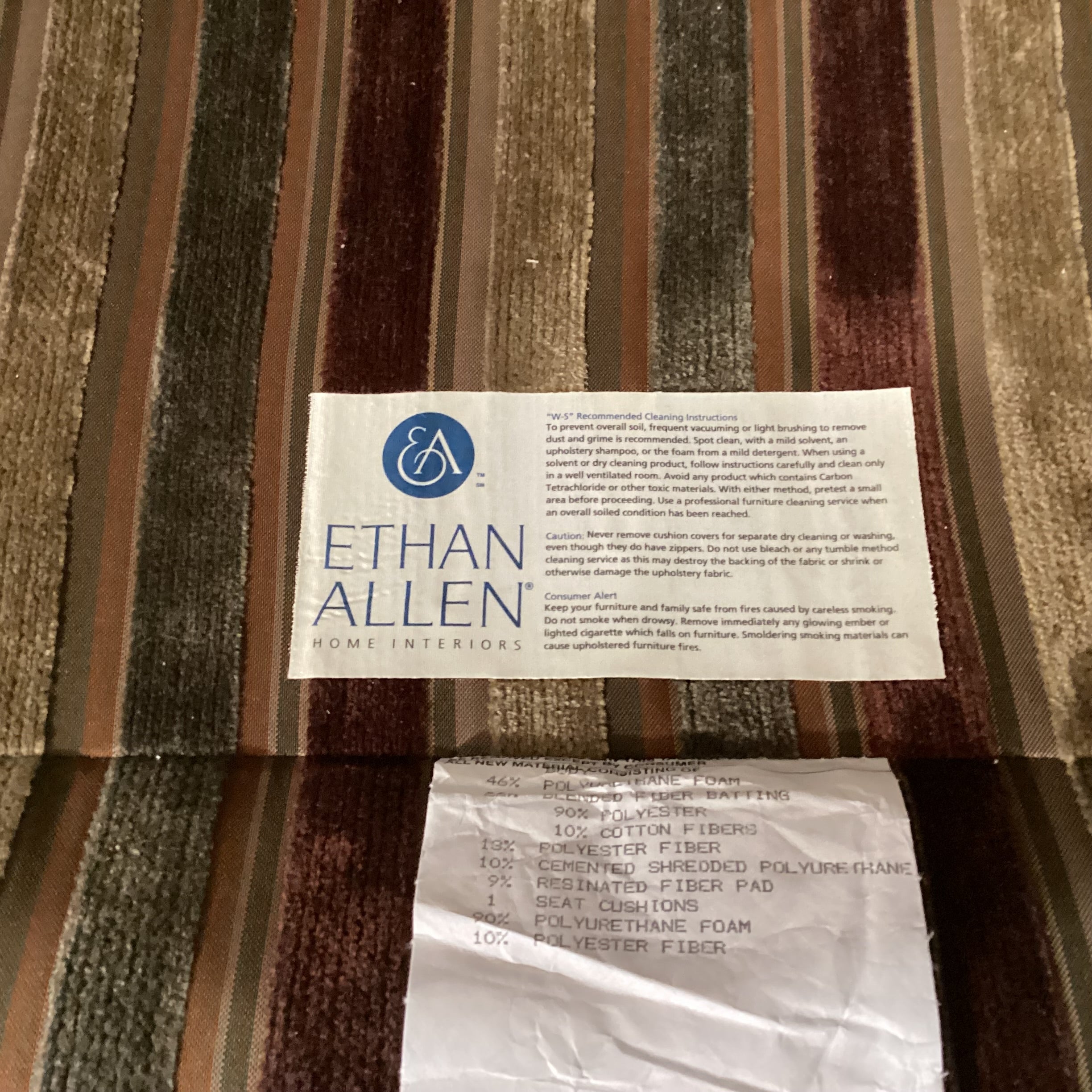 Ethan Allen Gold Rust Olive Upholstered Striped Arm Chair 34"x 35.5"x 36"