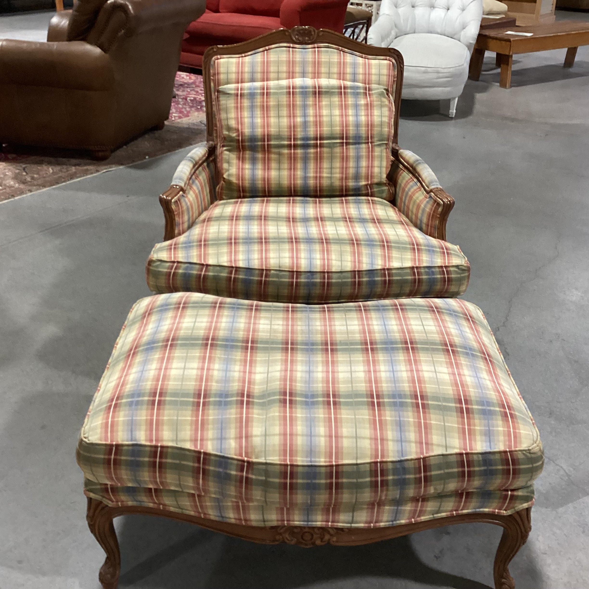 French Provincial Style Carved Wood & Plaid Down with Ottoman Chair 37"x 34"x 38"