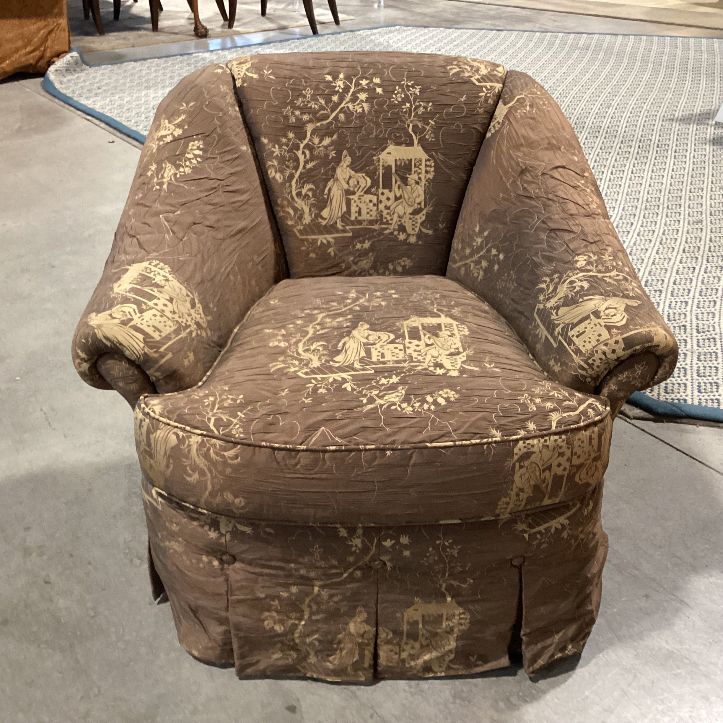 JJ Custom Brown Gold Asian Scene Silky Crinkle Upholstery Tailored Button Skirt Chair 35"x 36"x 32"