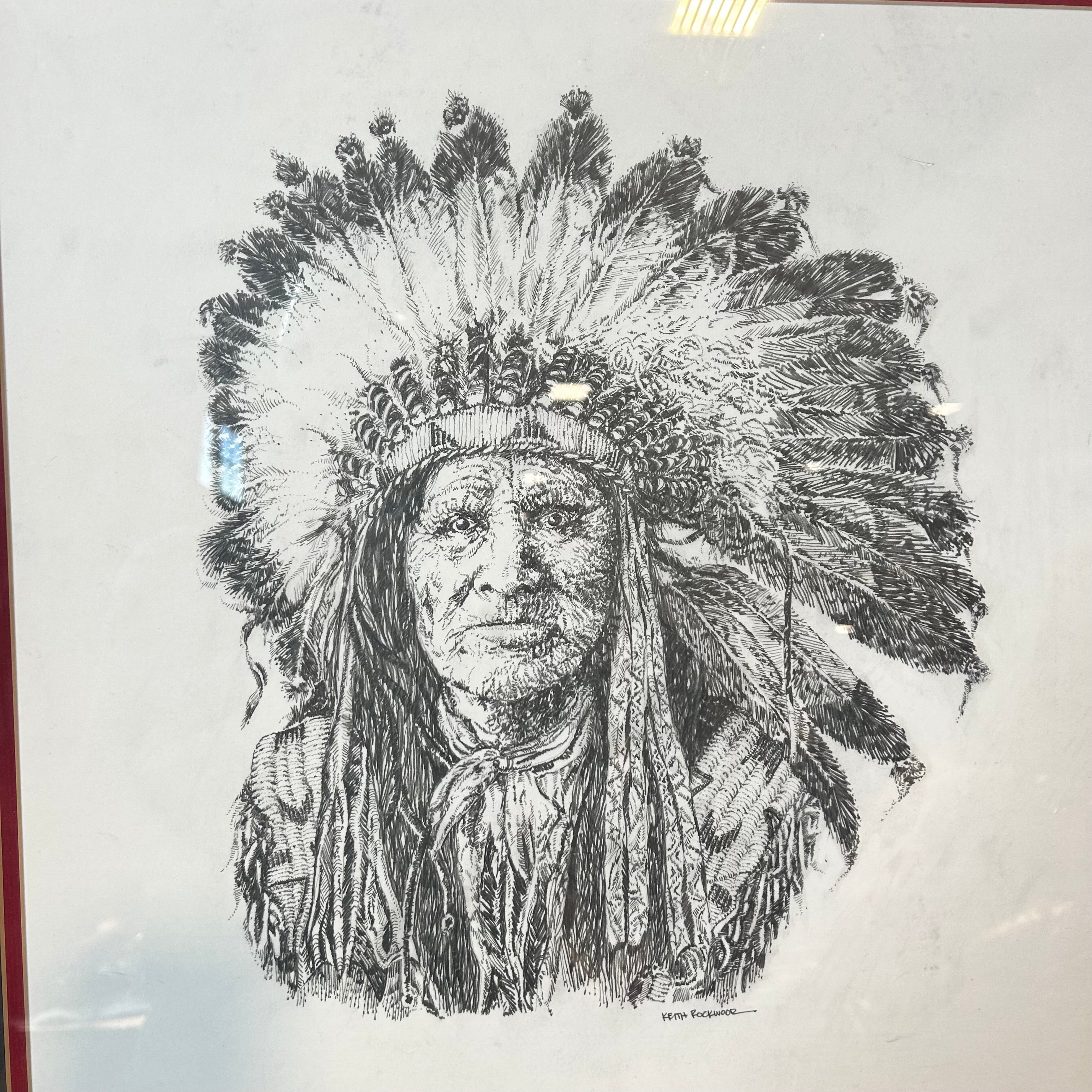 Kieth Rookwood Pencil Drawing Of A Native American Chief With One Of A Kind Custom Frame Made From Pine Wood Laser Cut Iron And Acrylic Crackel Backing 48"x 48"