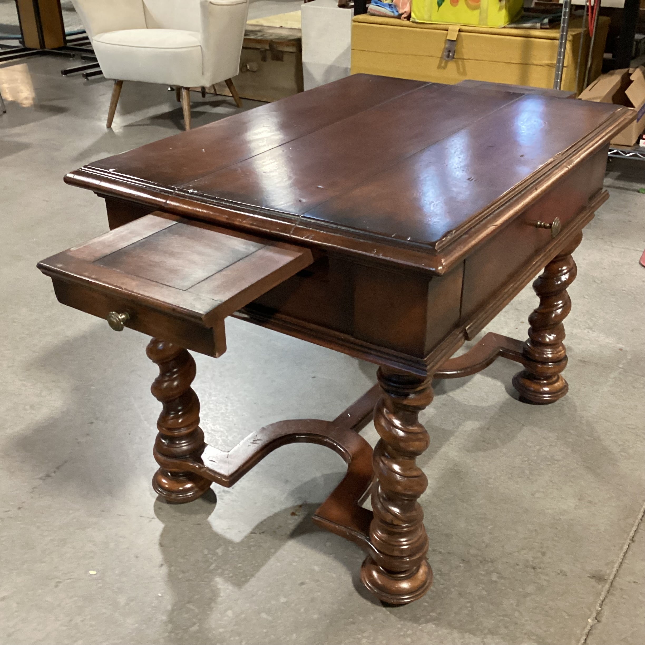 Ornate Carved Finished Solid Wood 1 Drawer Side Pullouts Trestle Base End Table 32"x 24"x 25"