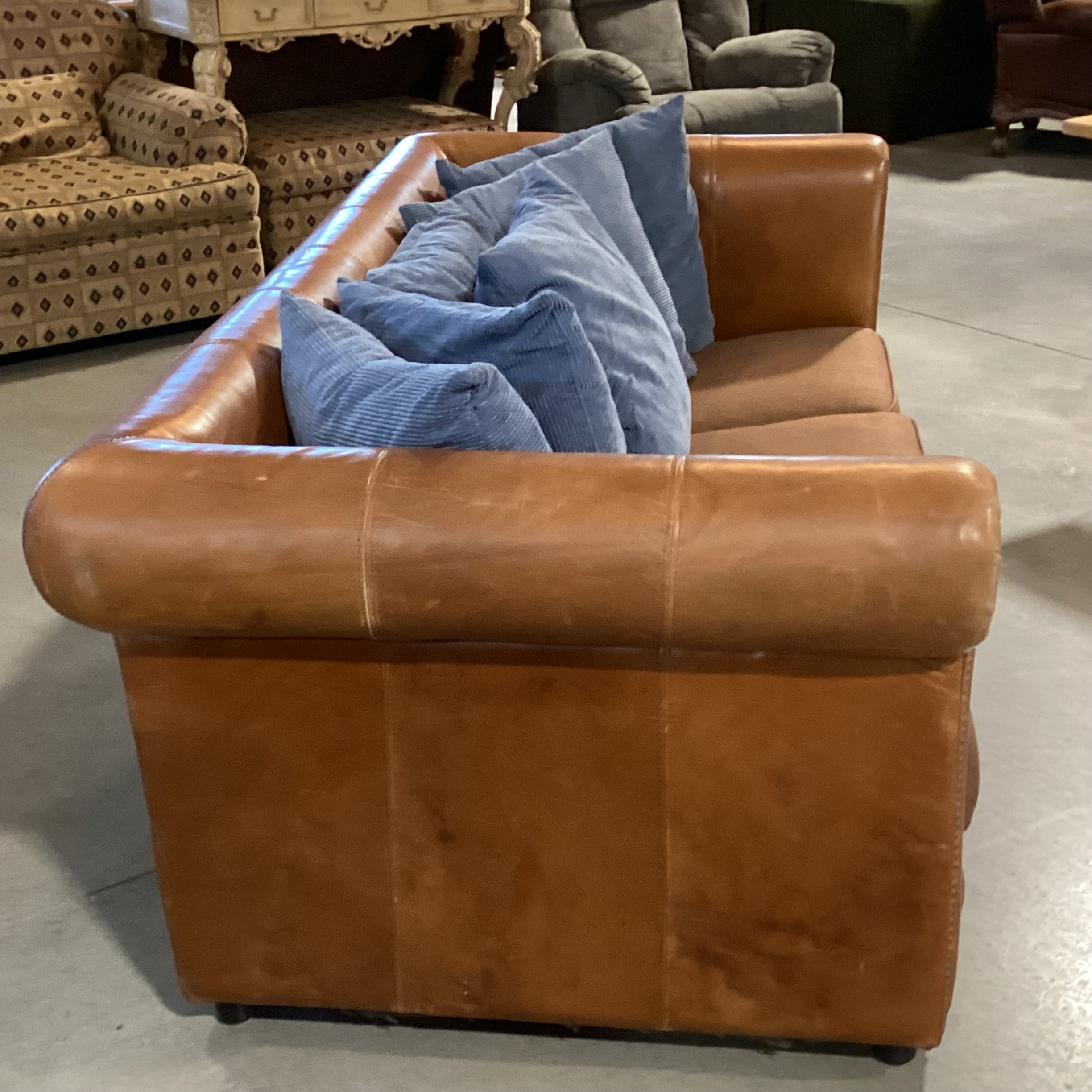 Bassett John Elway Home Collection Leather Roll Arm Nailhead & Upholstery Seat & Back Pillows Sofa 87"x 42"x 30"