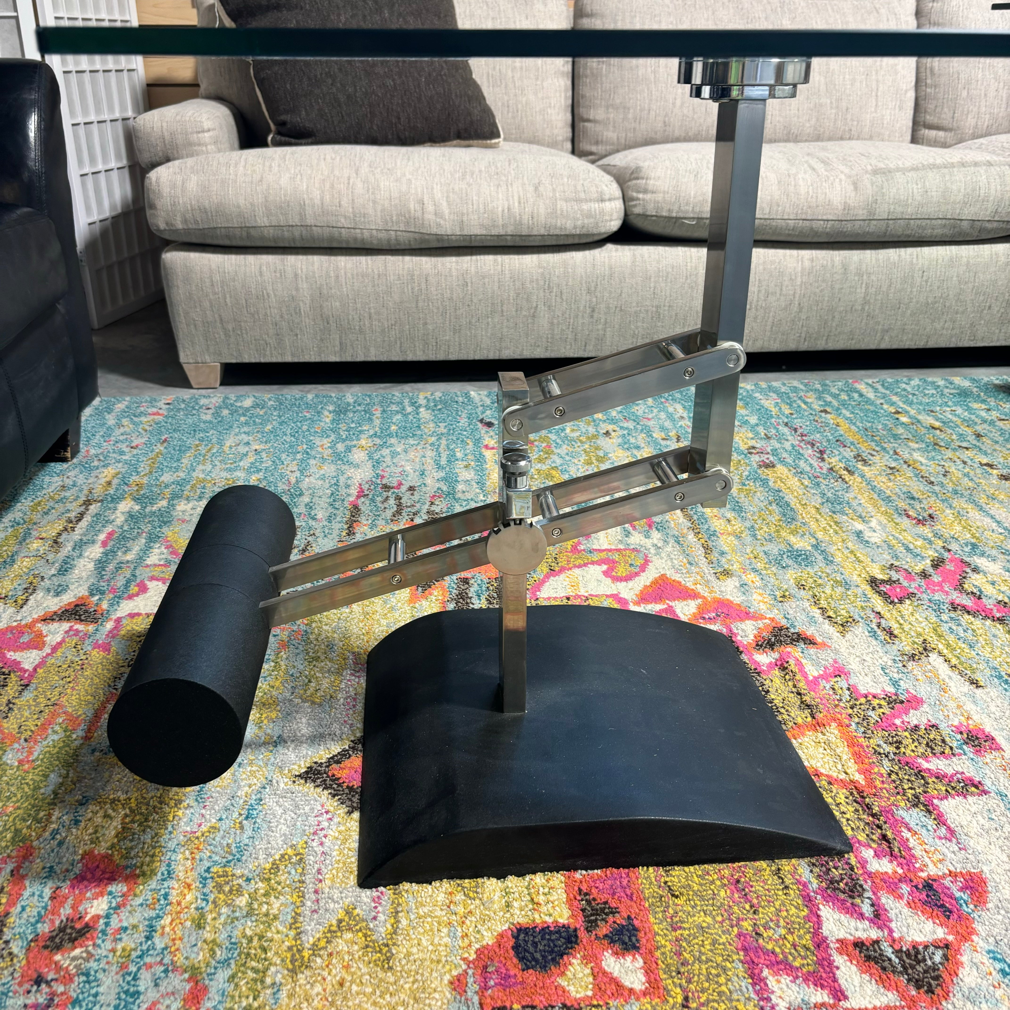 Black & Stainless Steel Adjustable Height Glass Top End Table 34"x 34"x 21.5" to 30"