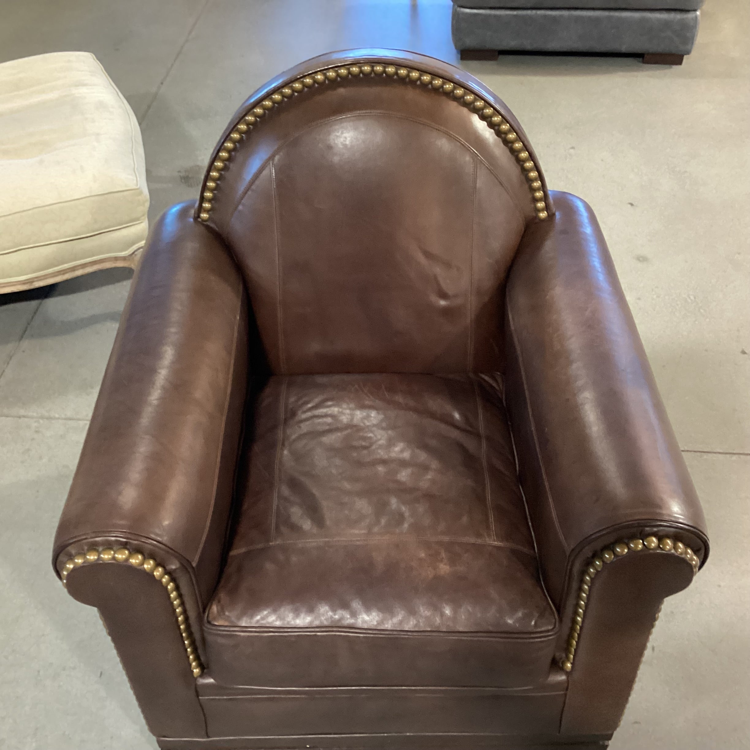 Mulholland Brothers Home Collection by Eric Brand Art Deco Style Leather Nailhead with Ottoman Club Chair 36"x 35"x 37.5"