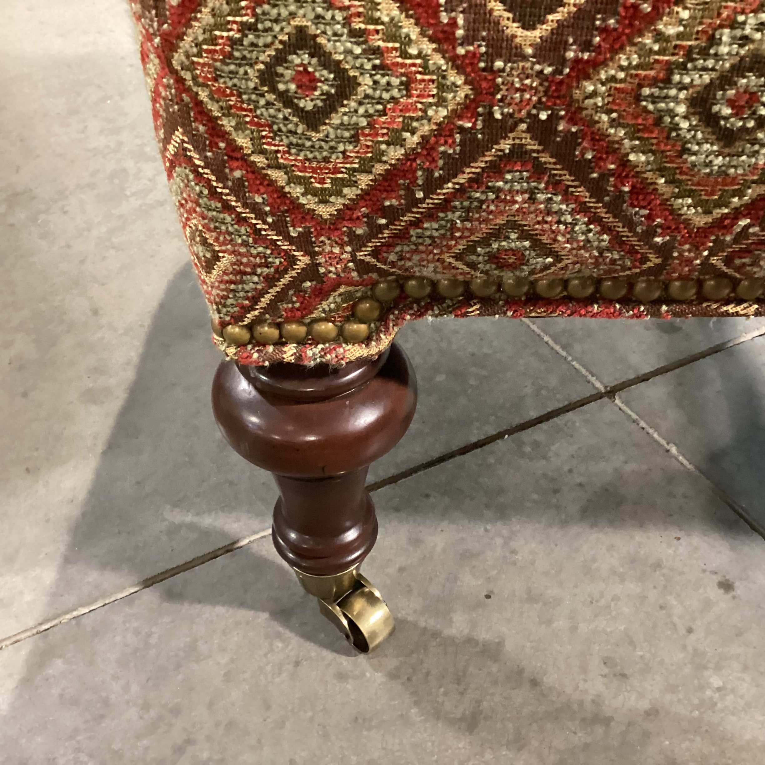 Dindy Foster Interiors Brown Gold Red Sage Woven Diamond Pattern & Carved Wood Brass Casters Ottoman  24"x 24"x 18"