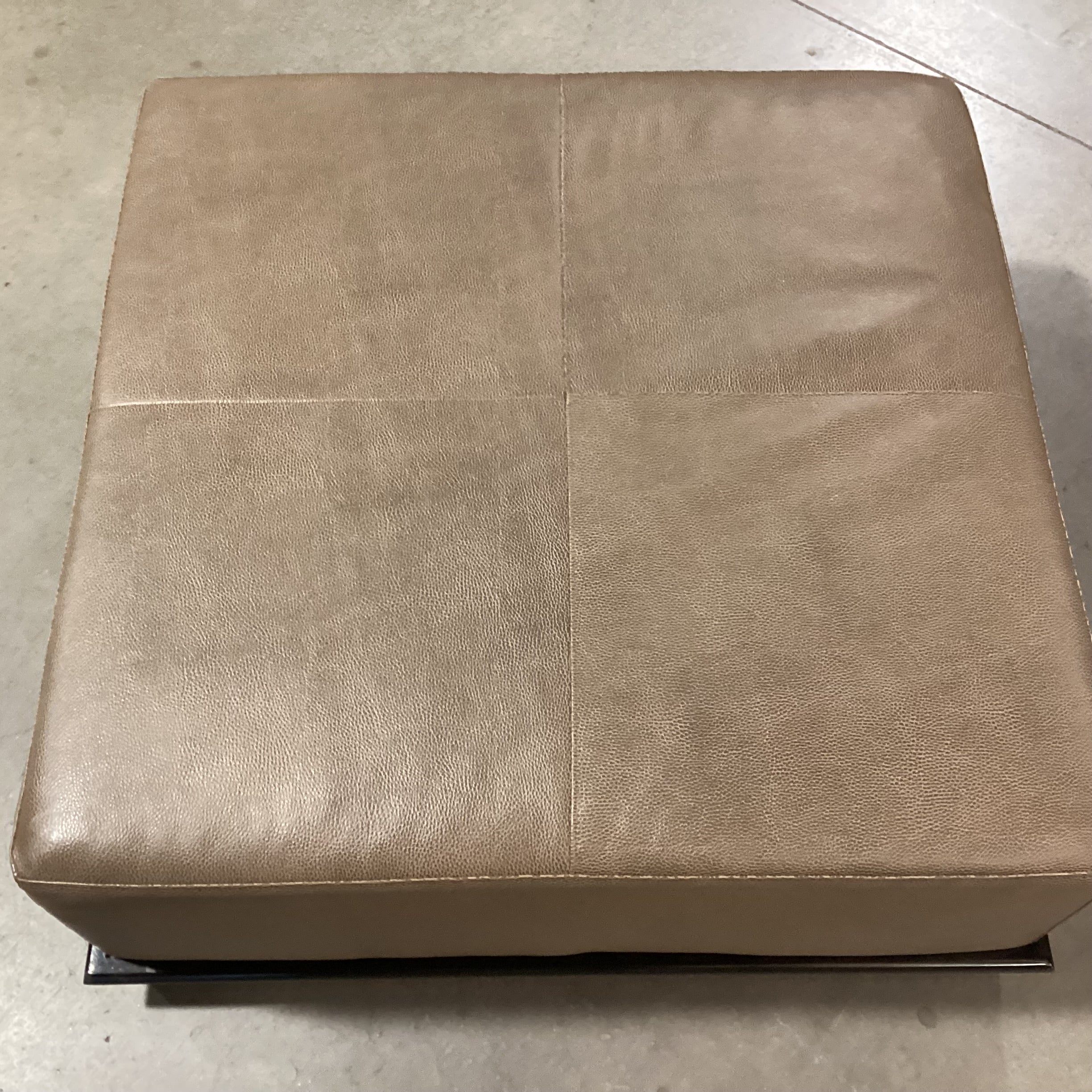 Baker Milling Road Collection Taupe Brown Textured Leather & Black Wood Base Ottoman 38"x 38"x 16"