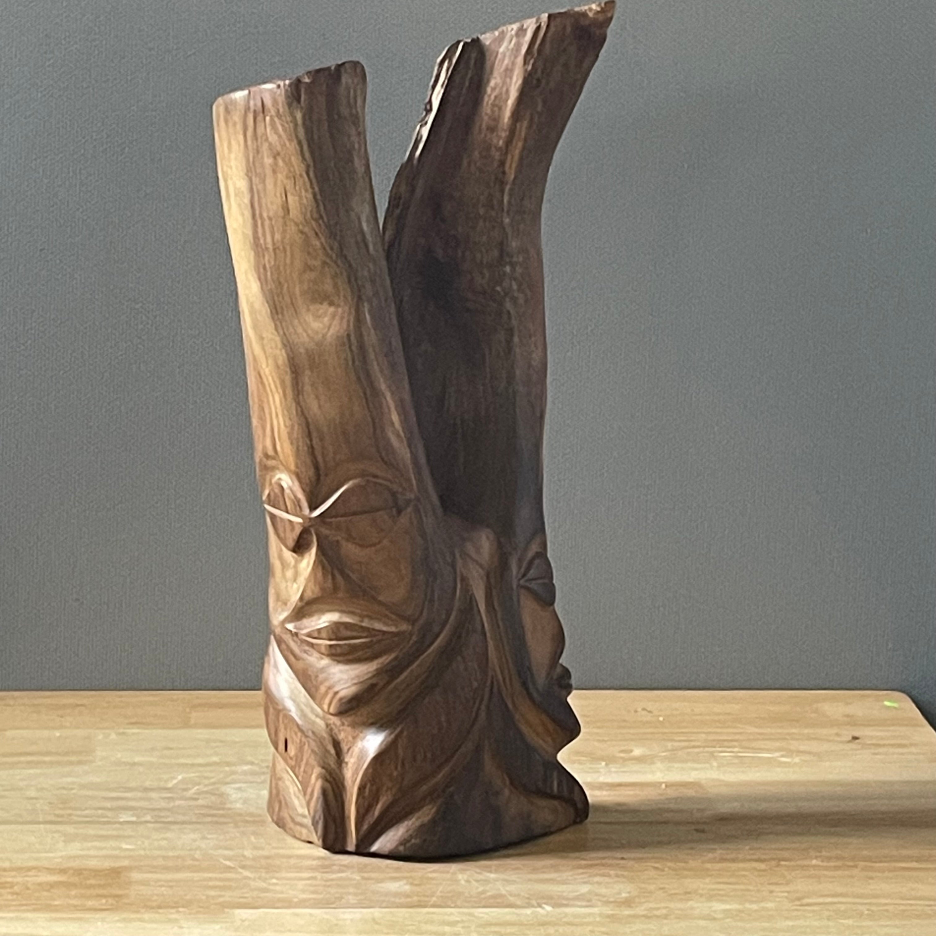 Vintage Polynesian Hand Carved Hardwood with Natural Live Edge Faces Sculpture, 8"x 6"x 17"