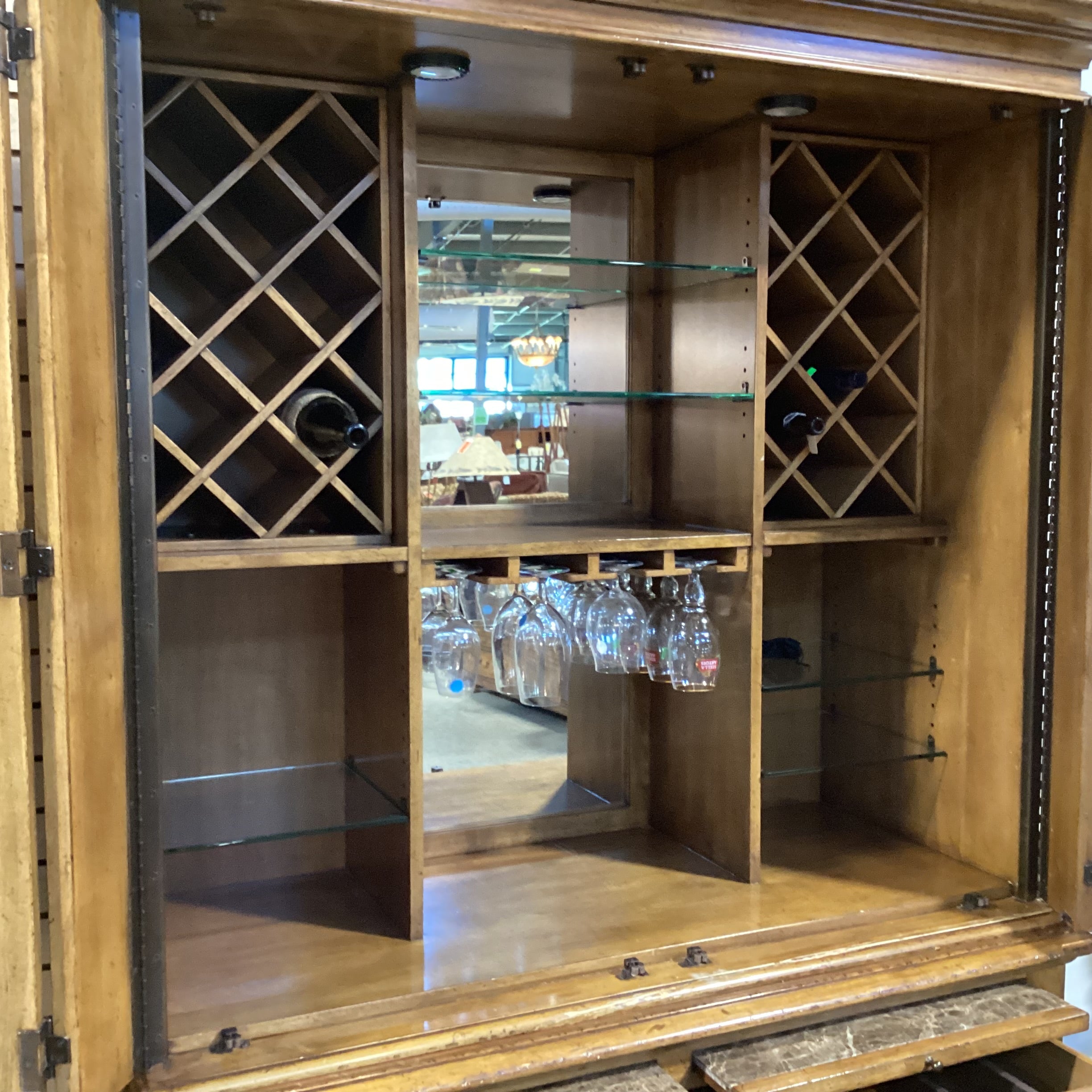 Lexington Distressed Finish Wood 5 Drawer 2 Pullouts with Bar Cabinet 2 Piece Hutch 56"x 25"x 89"