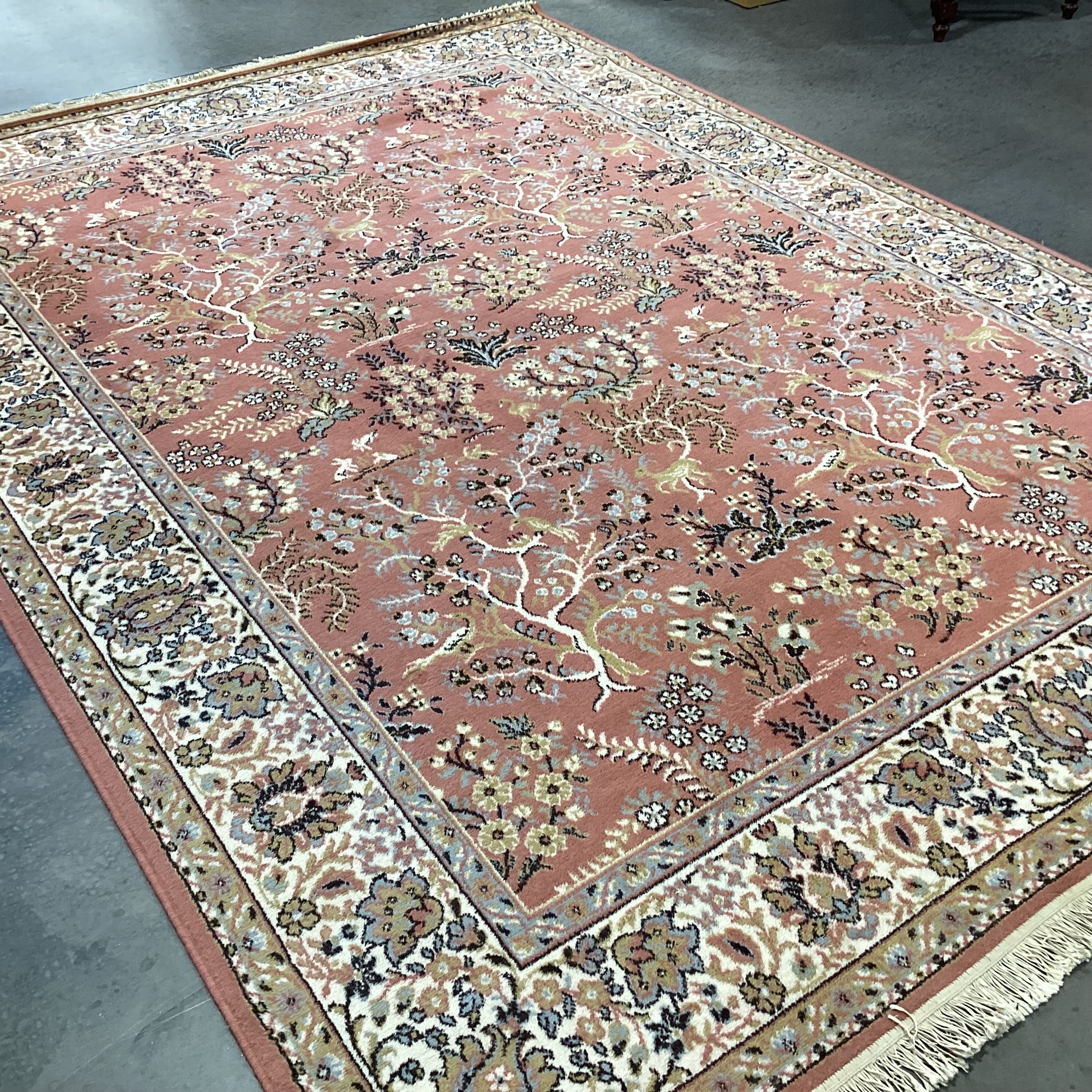 Galaxy Made in Belgium Vintage Salmon Blue Grey & Gold Leaf Floral Pure Virgin Wool Pile Rug 7'11"x 11'4"