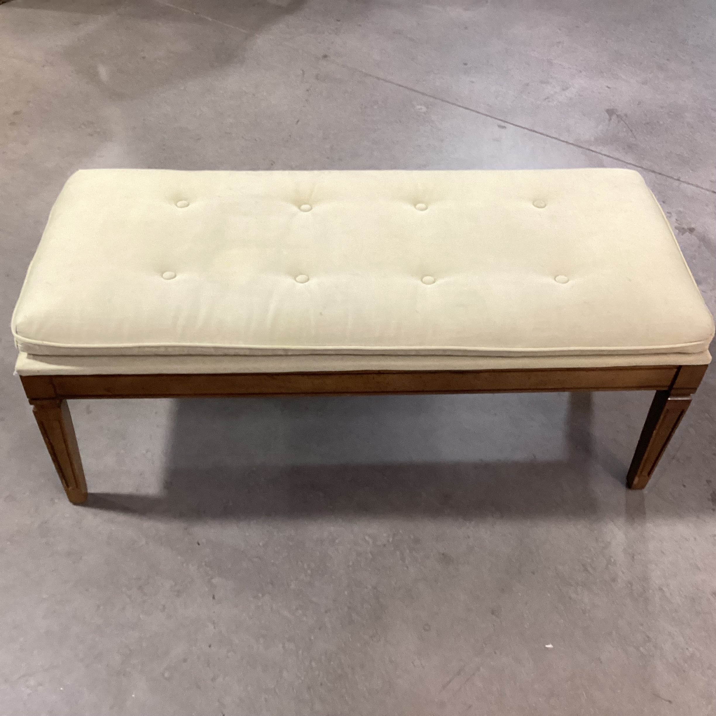 Vintage Carved Wood & Reed Green Button Tufted Bench 44"x 19"x 17"