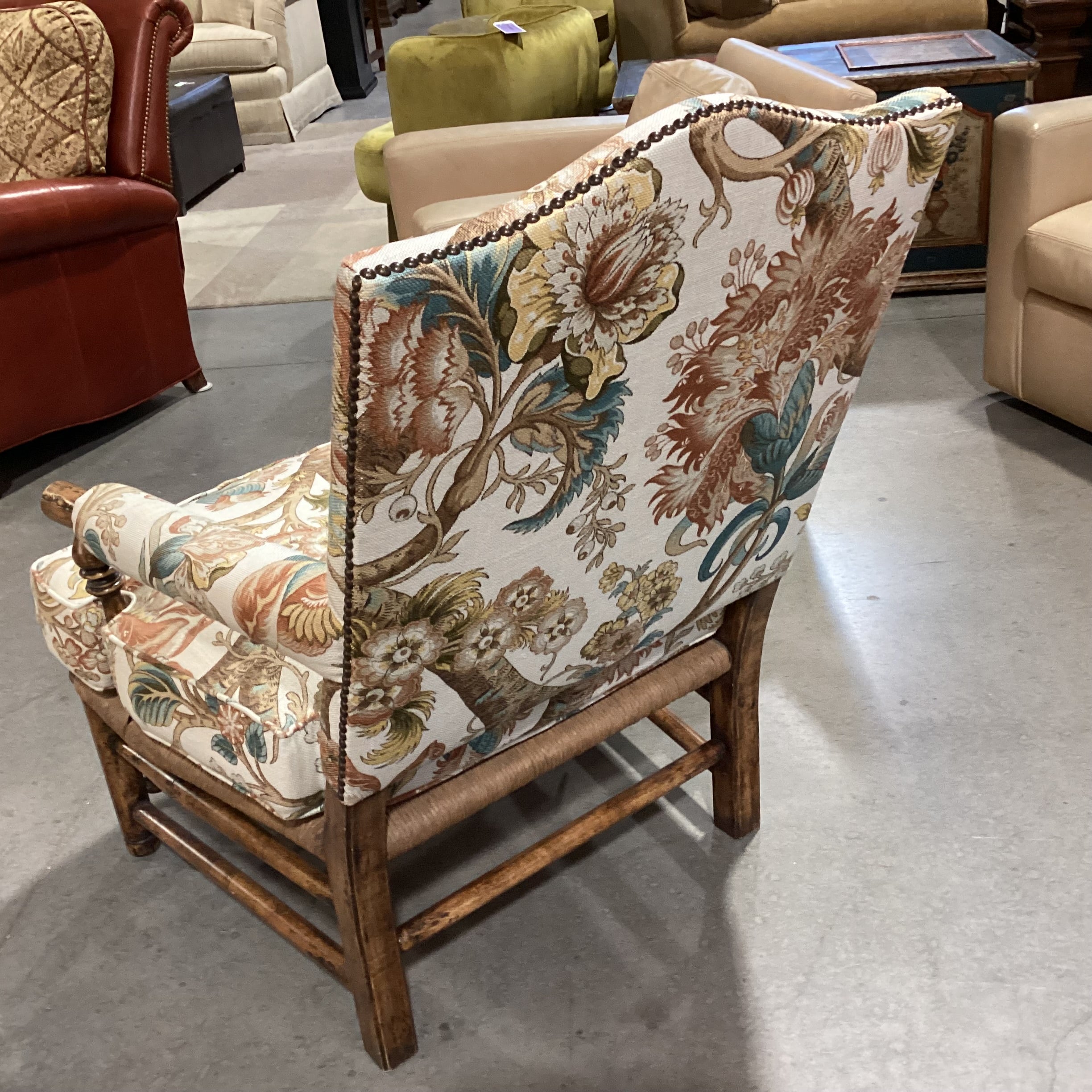 Carved Wood Rush Seat & Floral Belgian Linen Nailhead Chair 32"x 32"x 40"