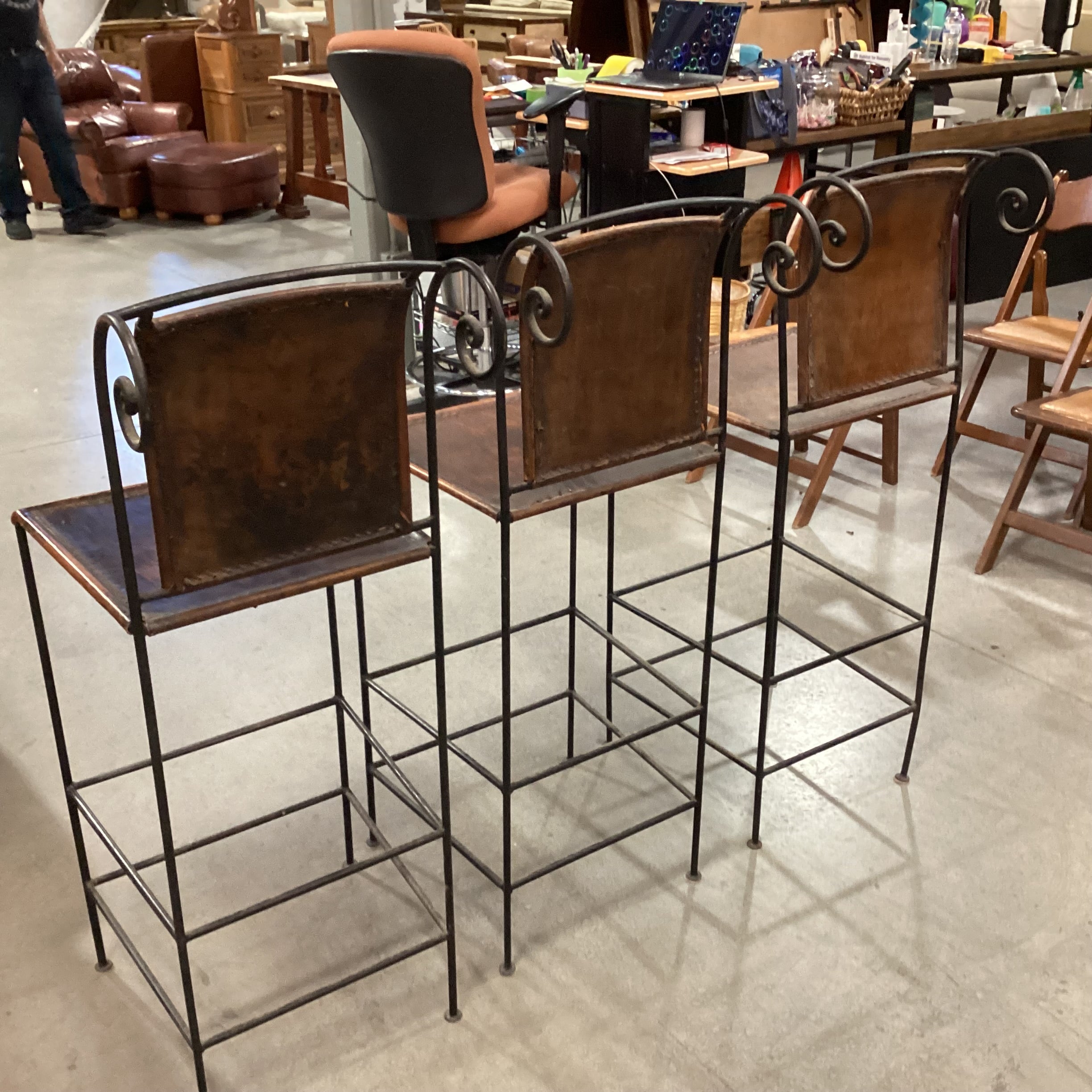 SET of 3 Iron & Distressed Leather Barstools 30.5"