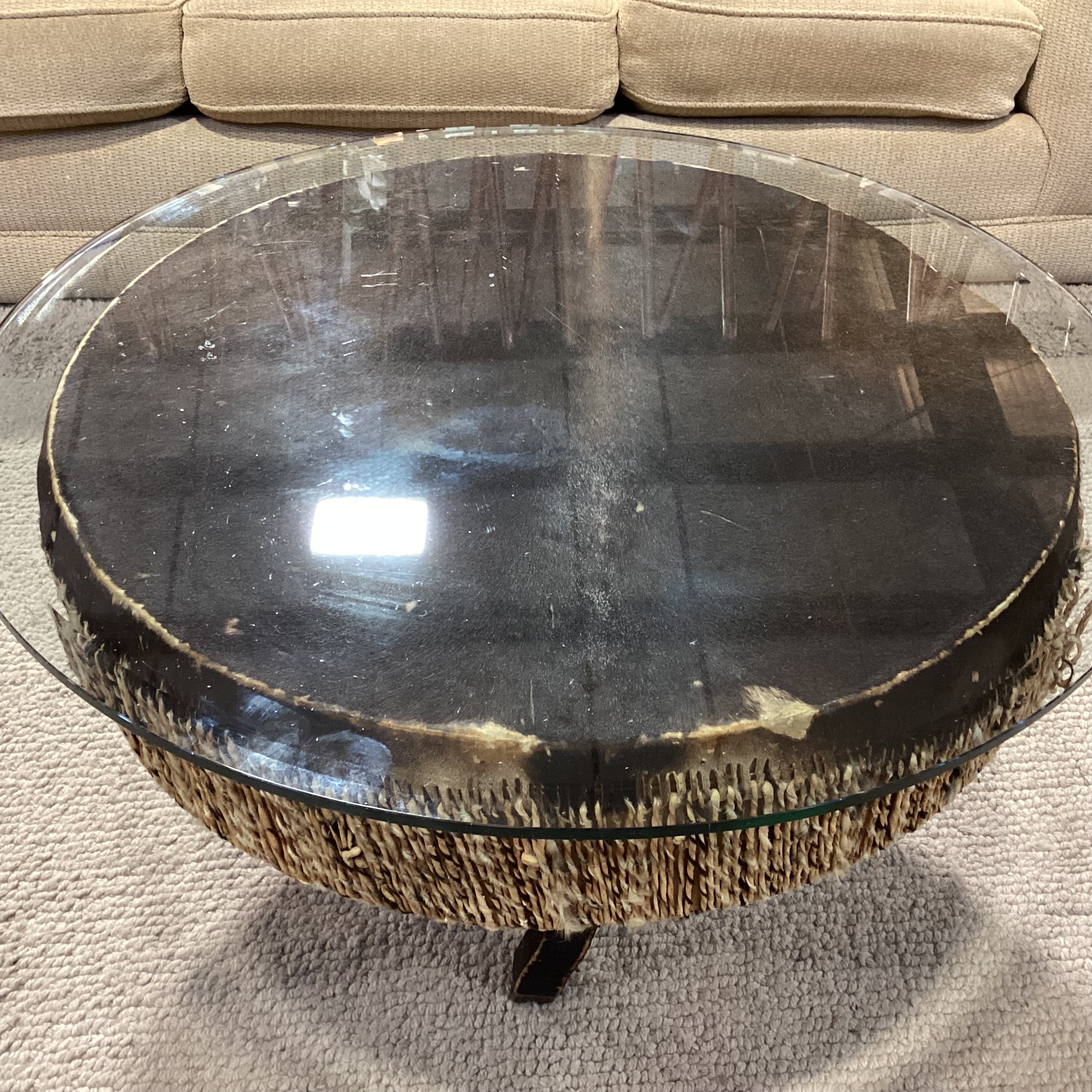 Vintage African Tribal Drum with Hide & Glass Top Coffee Table 34" Diameter x 20"