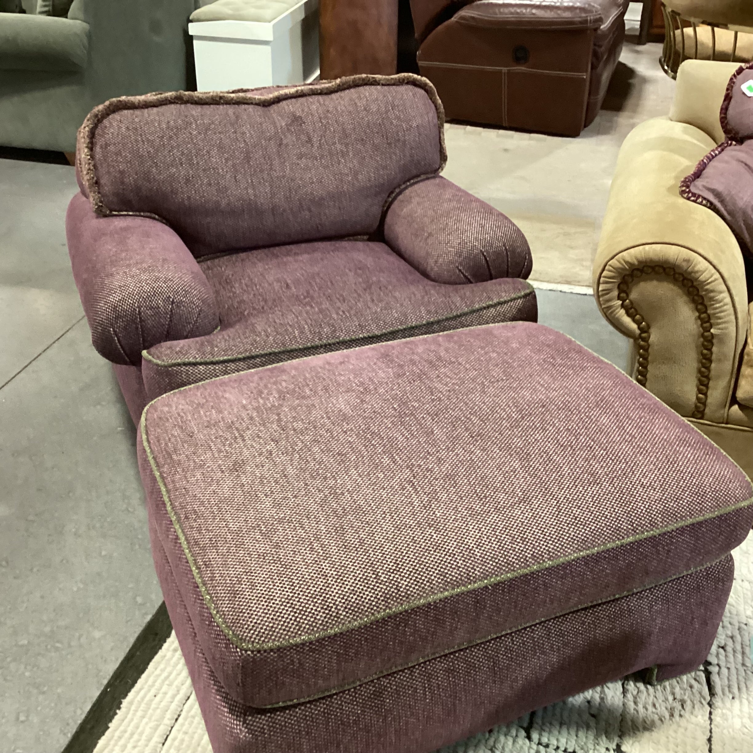 D. Langston Custom Purple & Cream Woven With Green Piping Down Mix With Ottoman Chair 40"x 36"x 28"