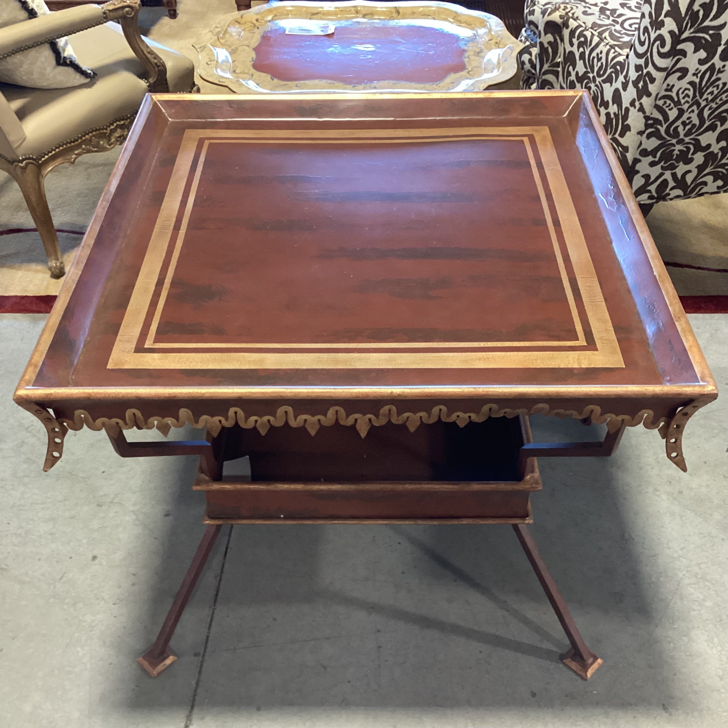 Rust Red & Gold Ornate Metal Accent Table 33.5"x 33.5"x 27"