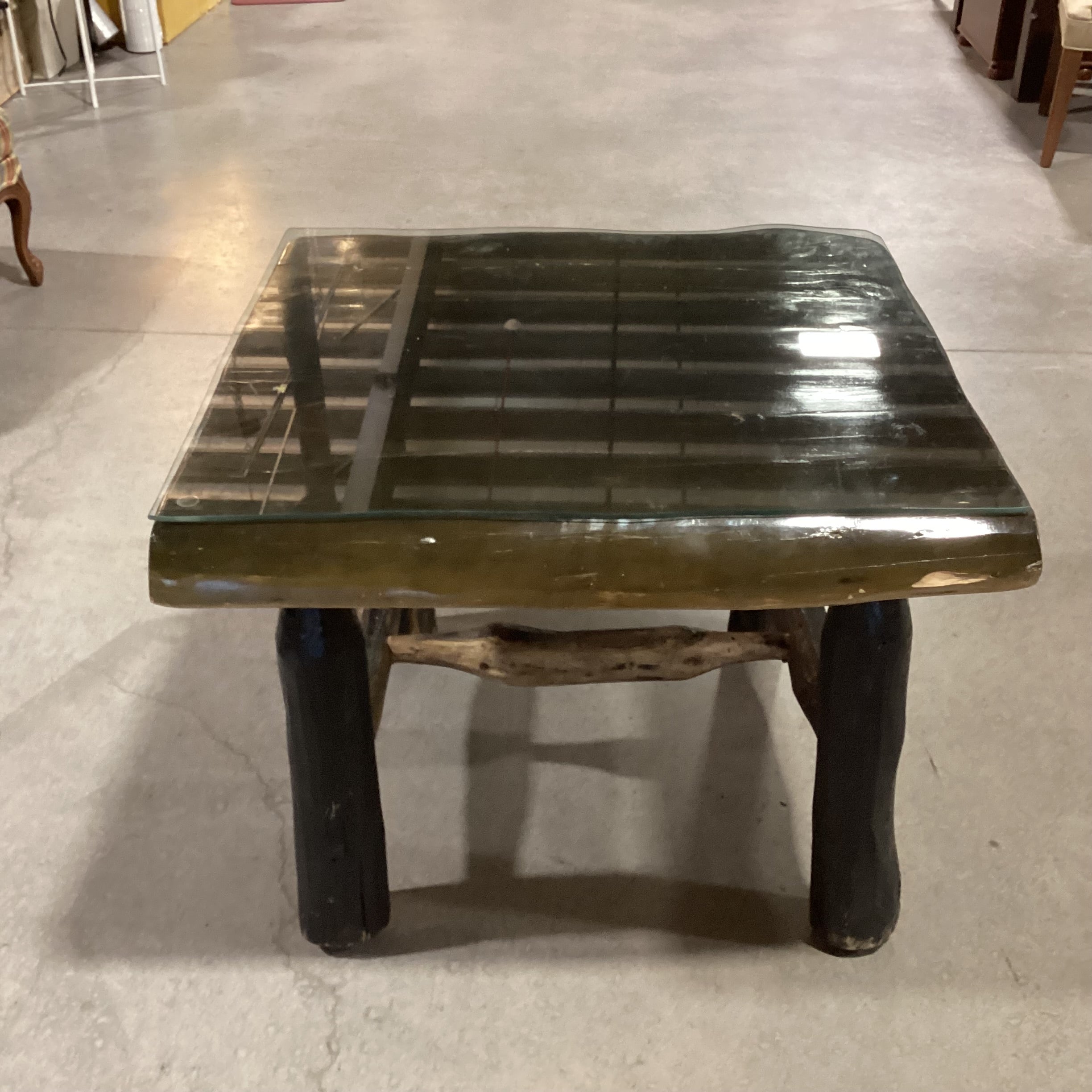 Live Edge & Log Dark Finish Solid Wood with Glass Top Accent Table 32"x 32"x 25"