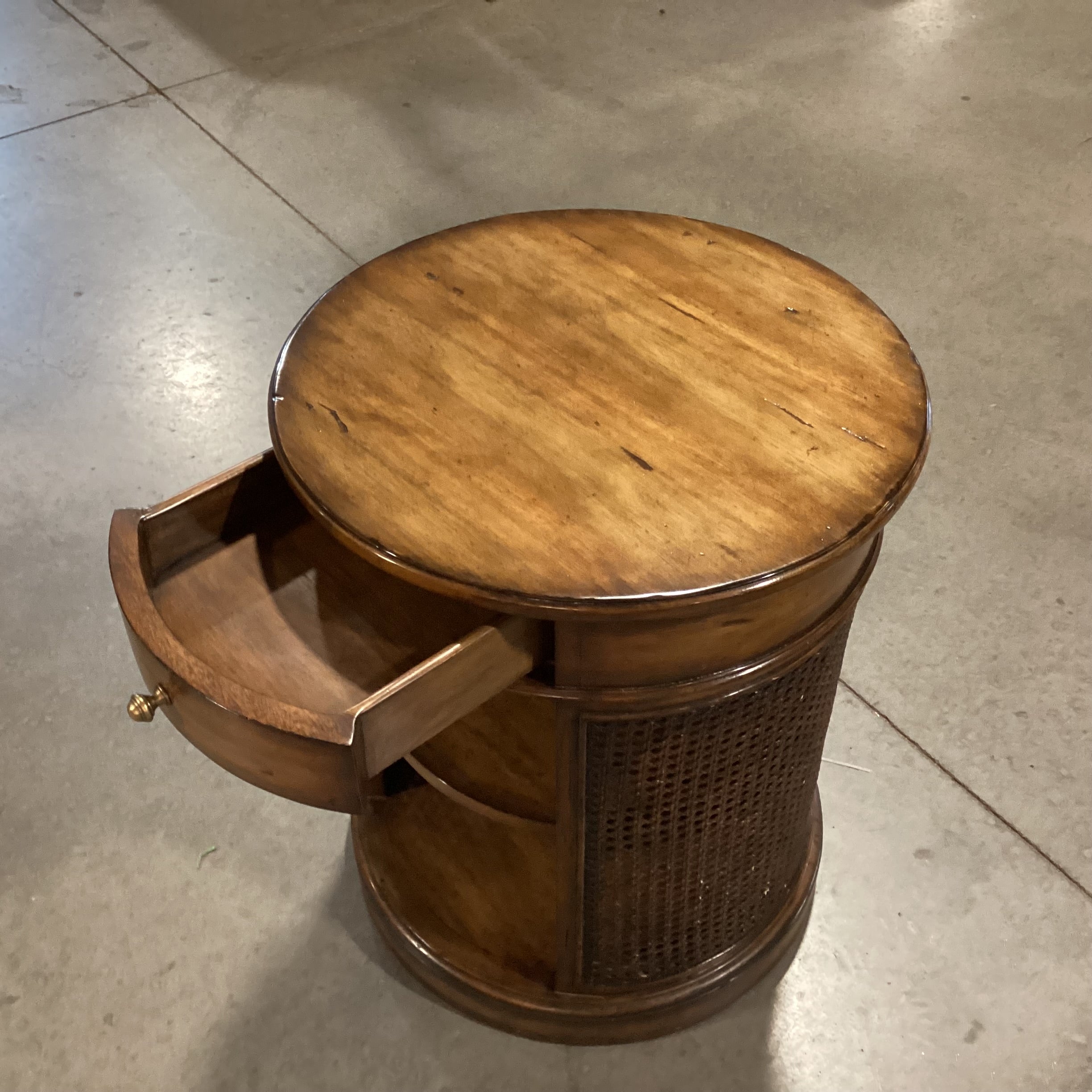Round Finished Wood & Caning 1 Drawer with Shelves End Table 20" Diameter x 24"