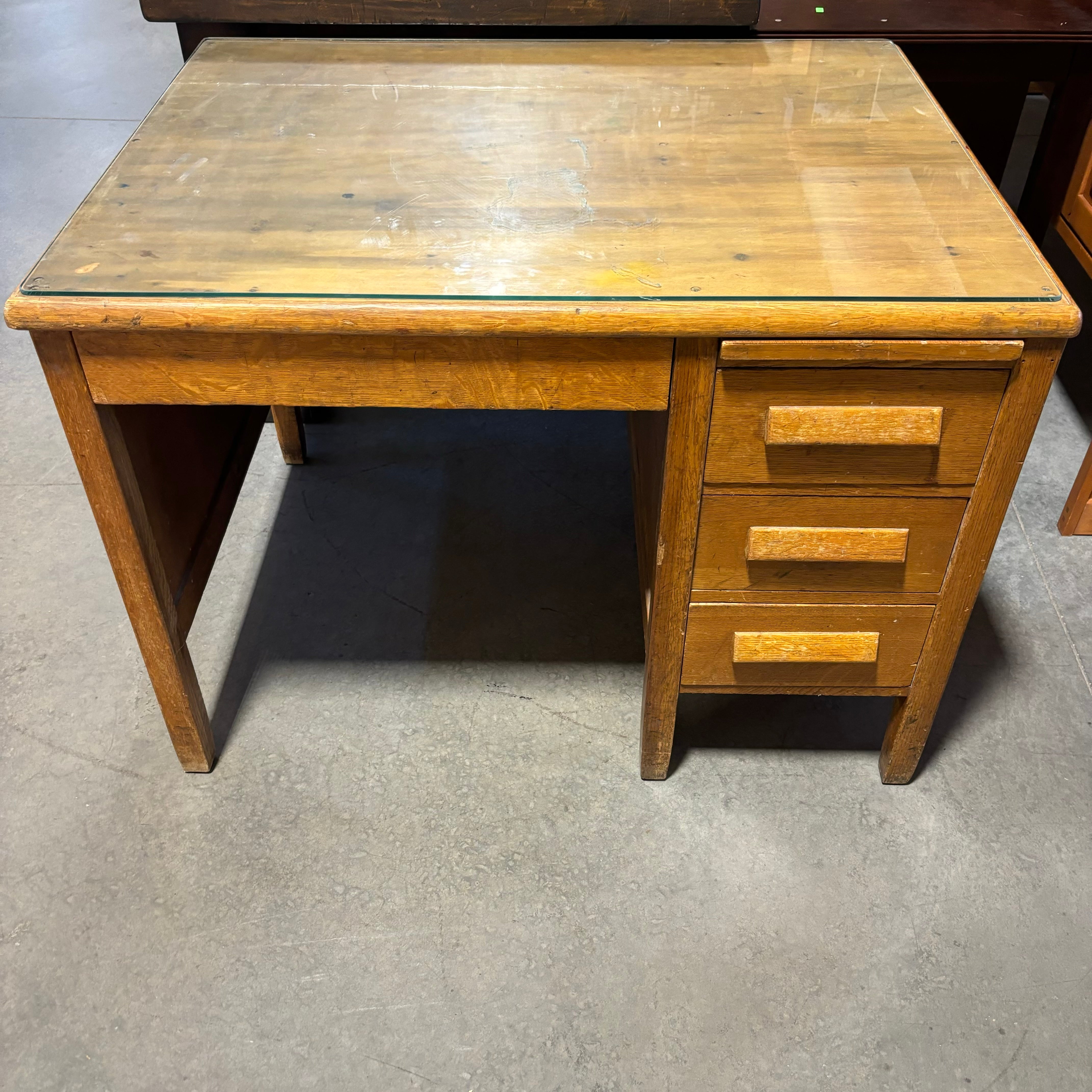 Antique Solid Tiger Oak 4 Drawer with Glass Top Desk 42”x 31”x 31”