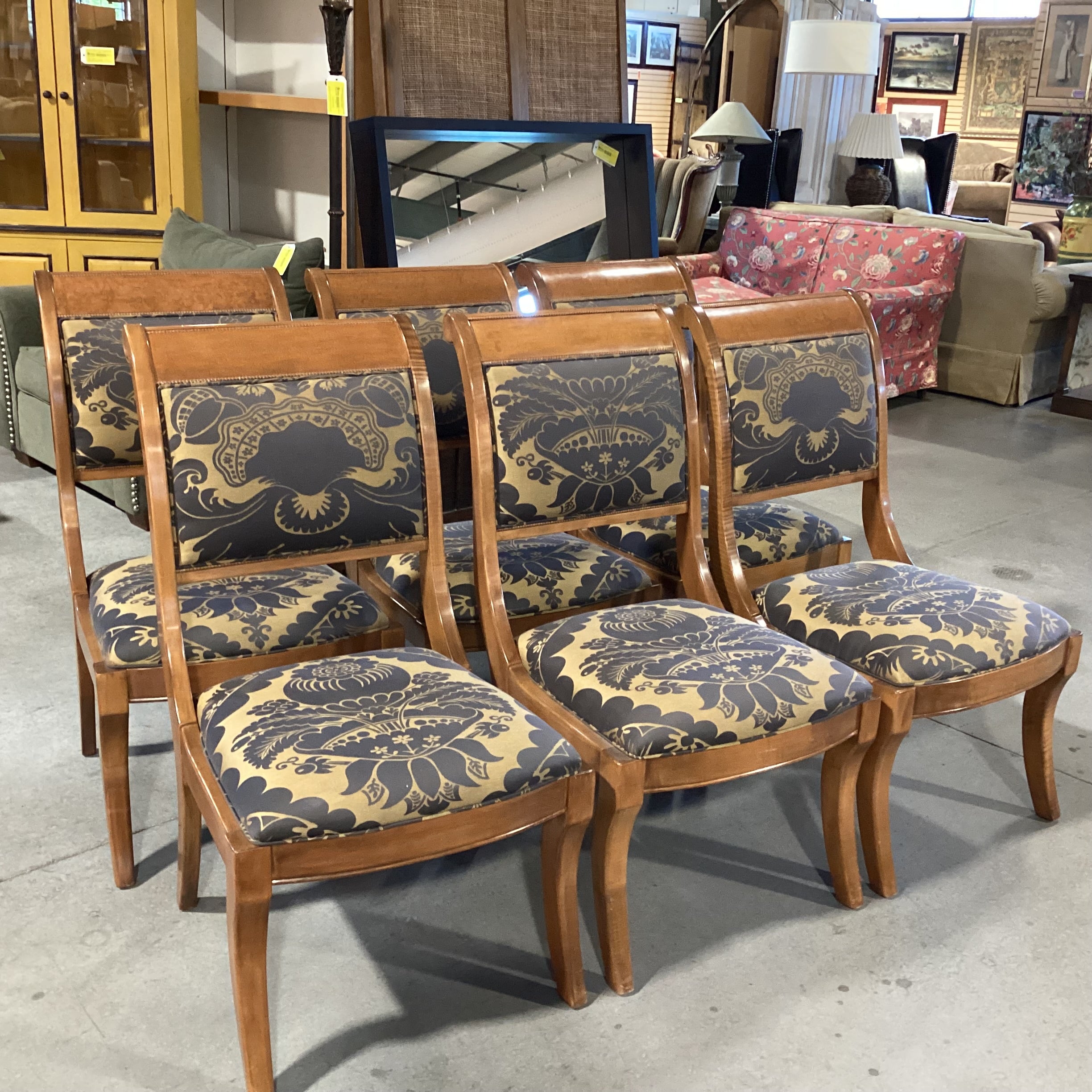 SET of 6 Carved Finished Wood Taupe Brown & Gold Art Deco Floral Dining Chairs 22"x 27"x 39"