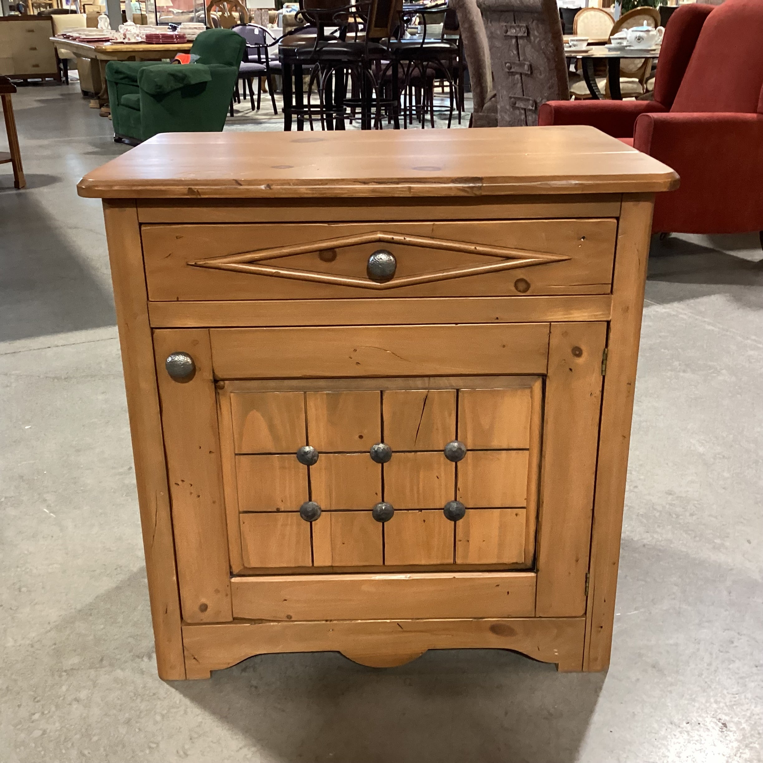 Finished Pine with Large Nailhead Detail Door 1 Drawer Nightstand 30"x 20"x 31"