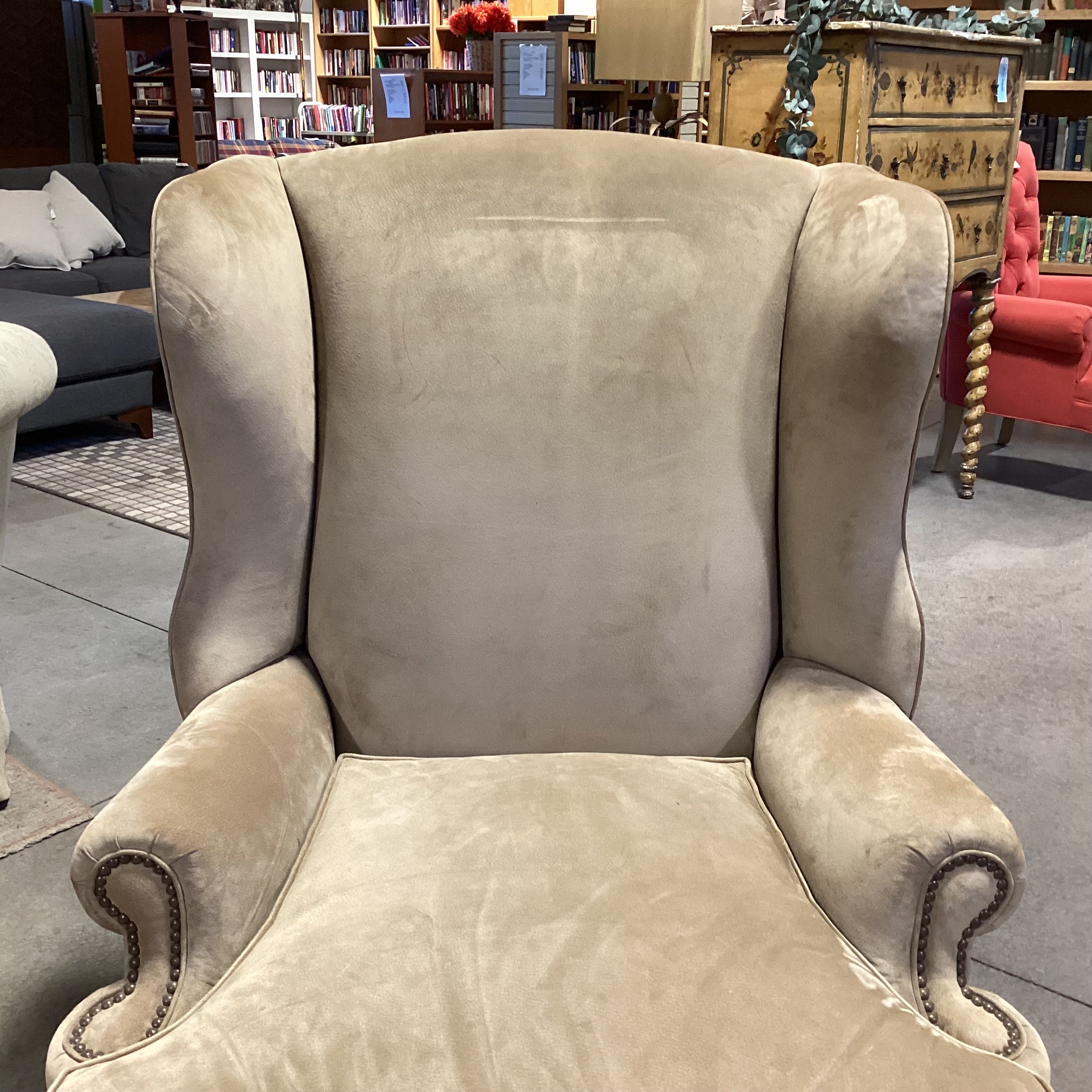 JJ Custom Beige Tan Suede Nailhead Down Mix & Carved Wood Wing Chair 36"x 36"x 47"