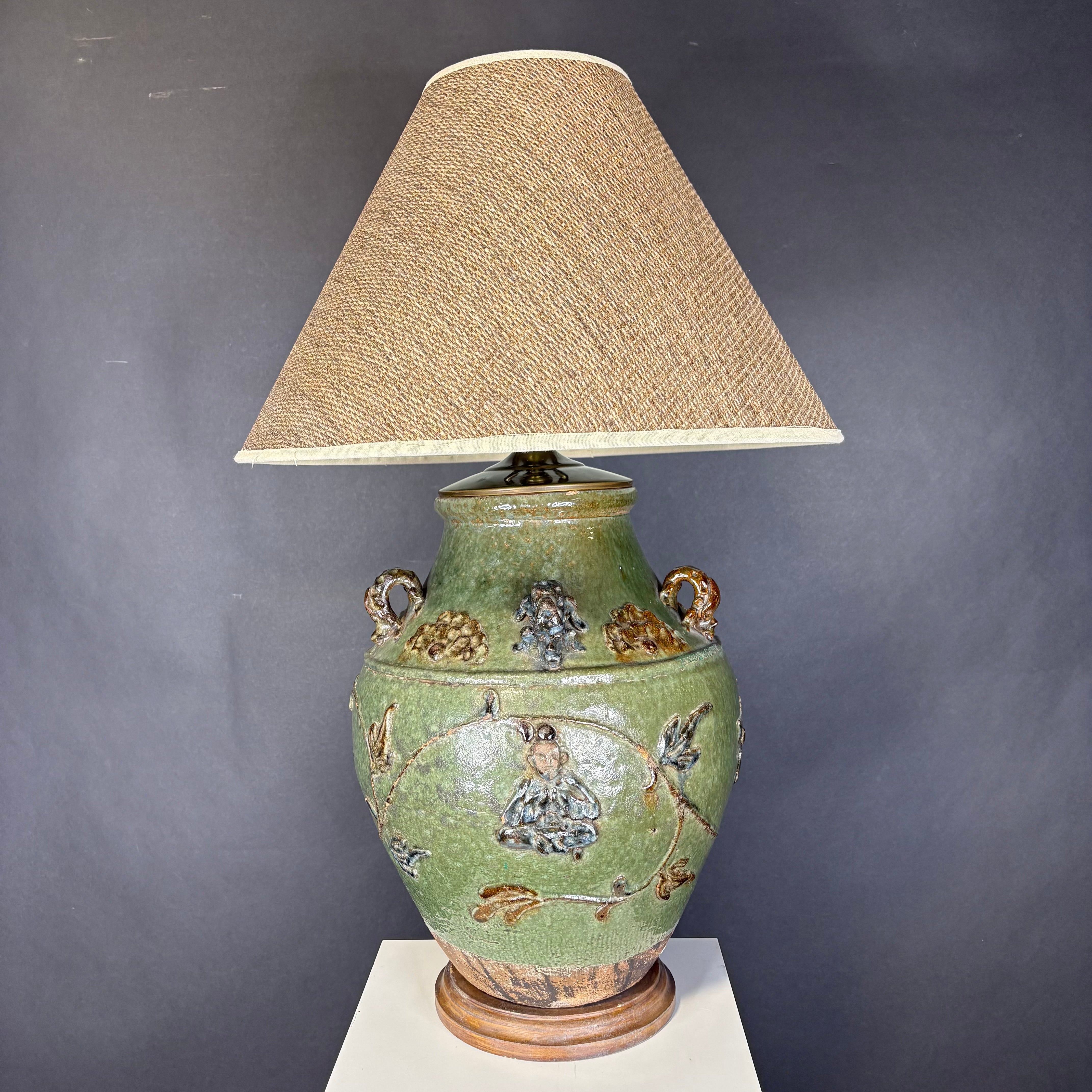 Oriental Ornate Green and Brown Glazed Ceramic Jug with Shade Table Lamp 18” Diameter @ Shade x 29”