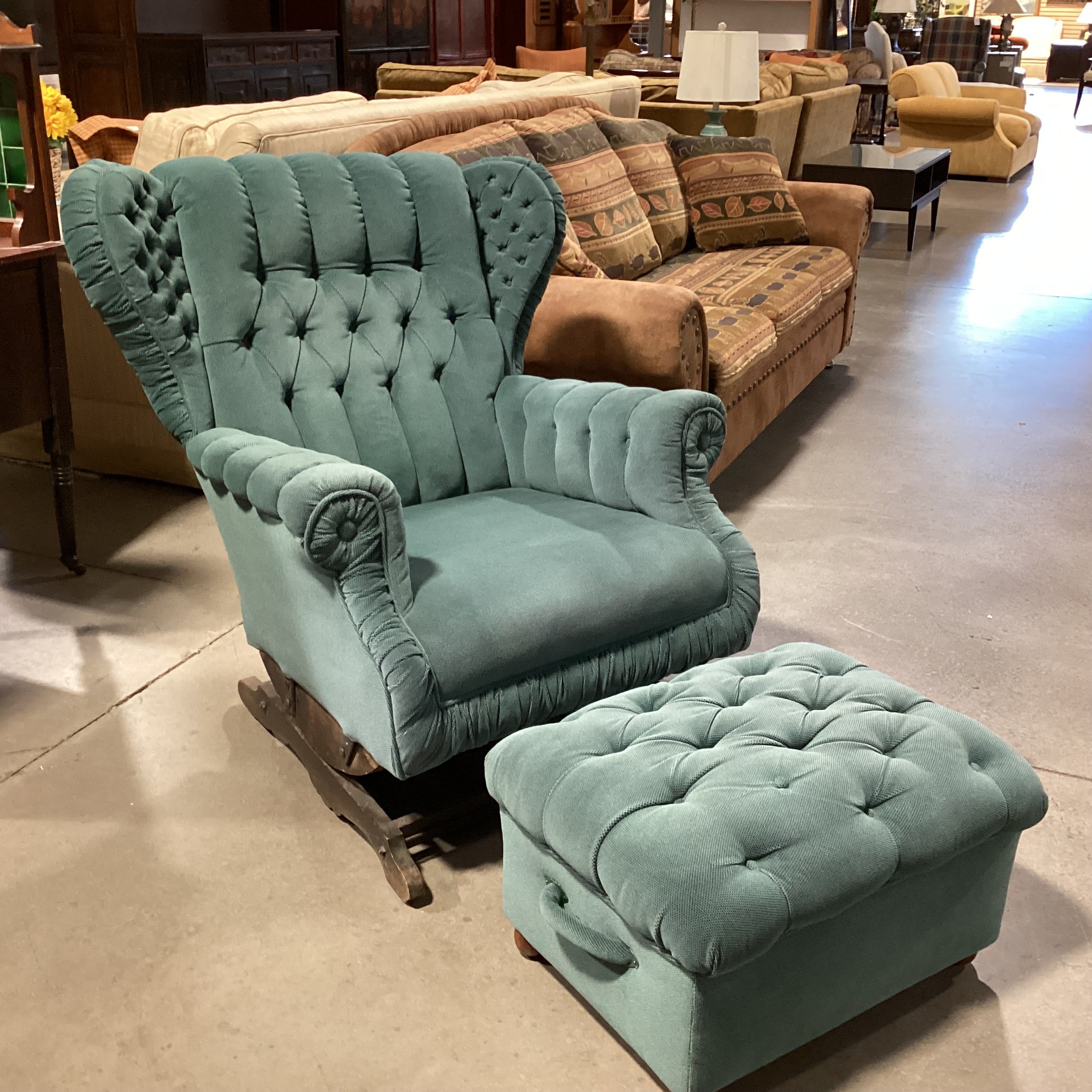 Vintage Antique Teal Tufted Winged with Ottoman Rocker Chair 34"x 36"x 39"
