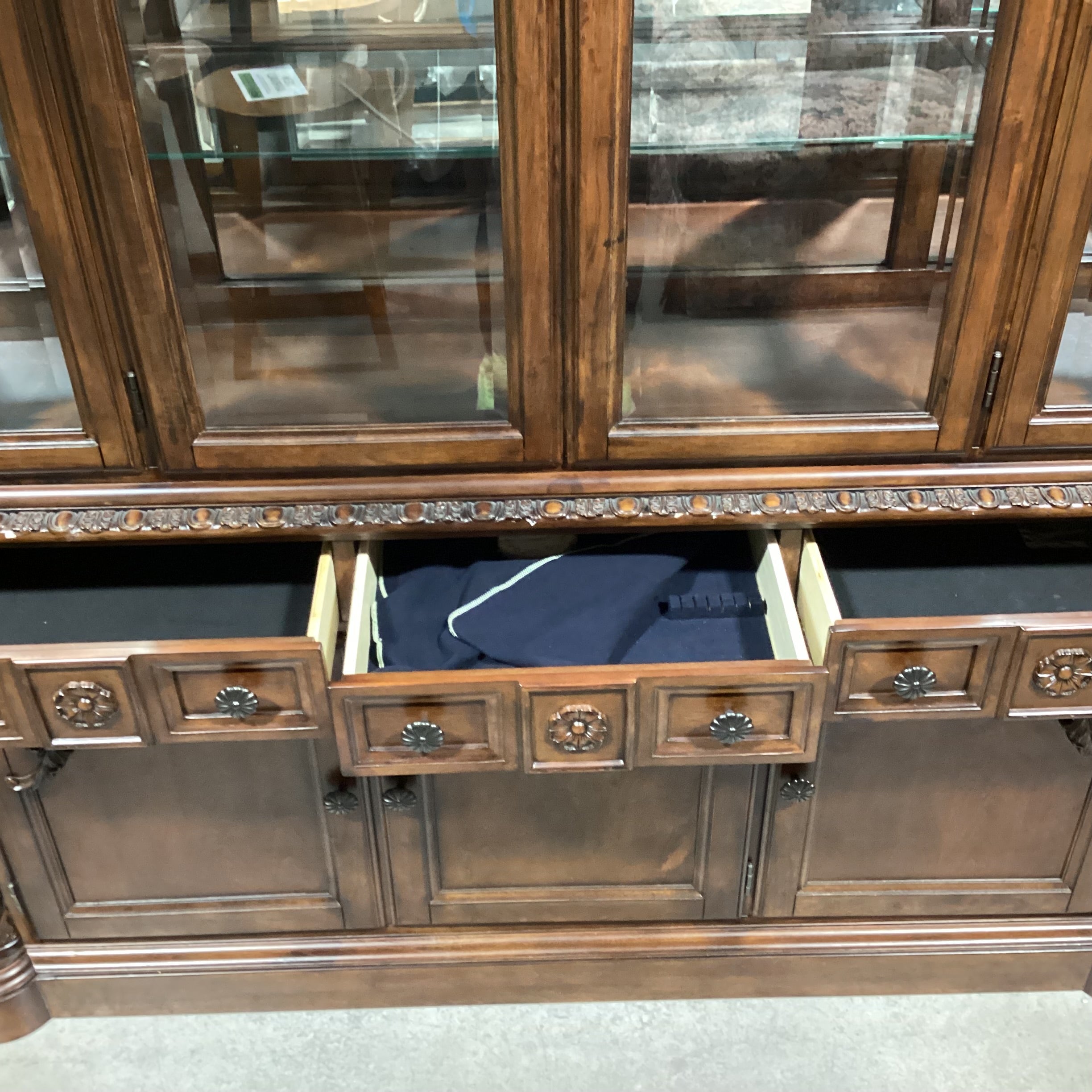 Ashley Furniture North Shore Ornate Carved Wood & Glass 2 Piece China Hutch 71"x 19"x 91"