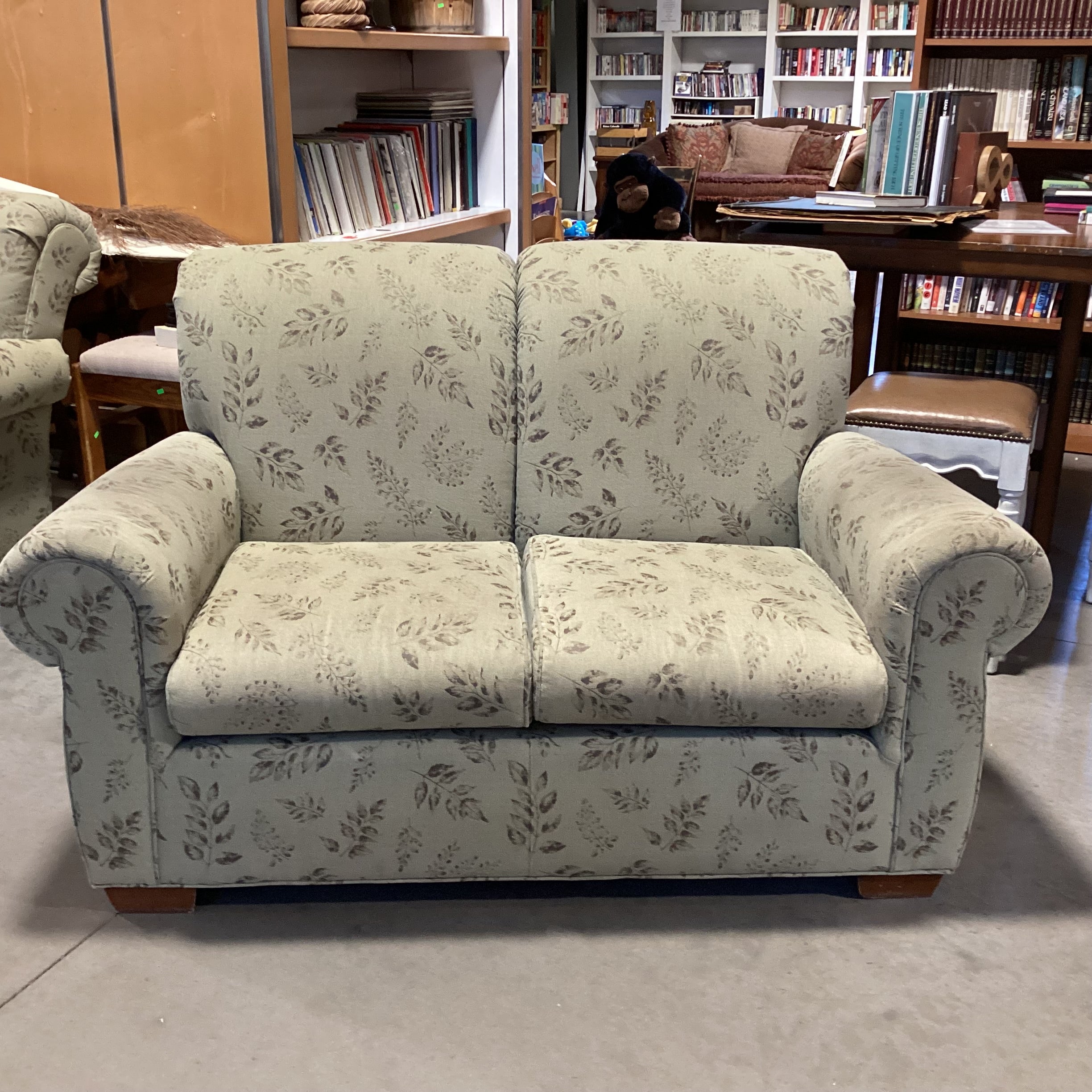 Sage with Leaf Design Roll Arm & Back Loveseat Sofa 62"x 38"x 37"