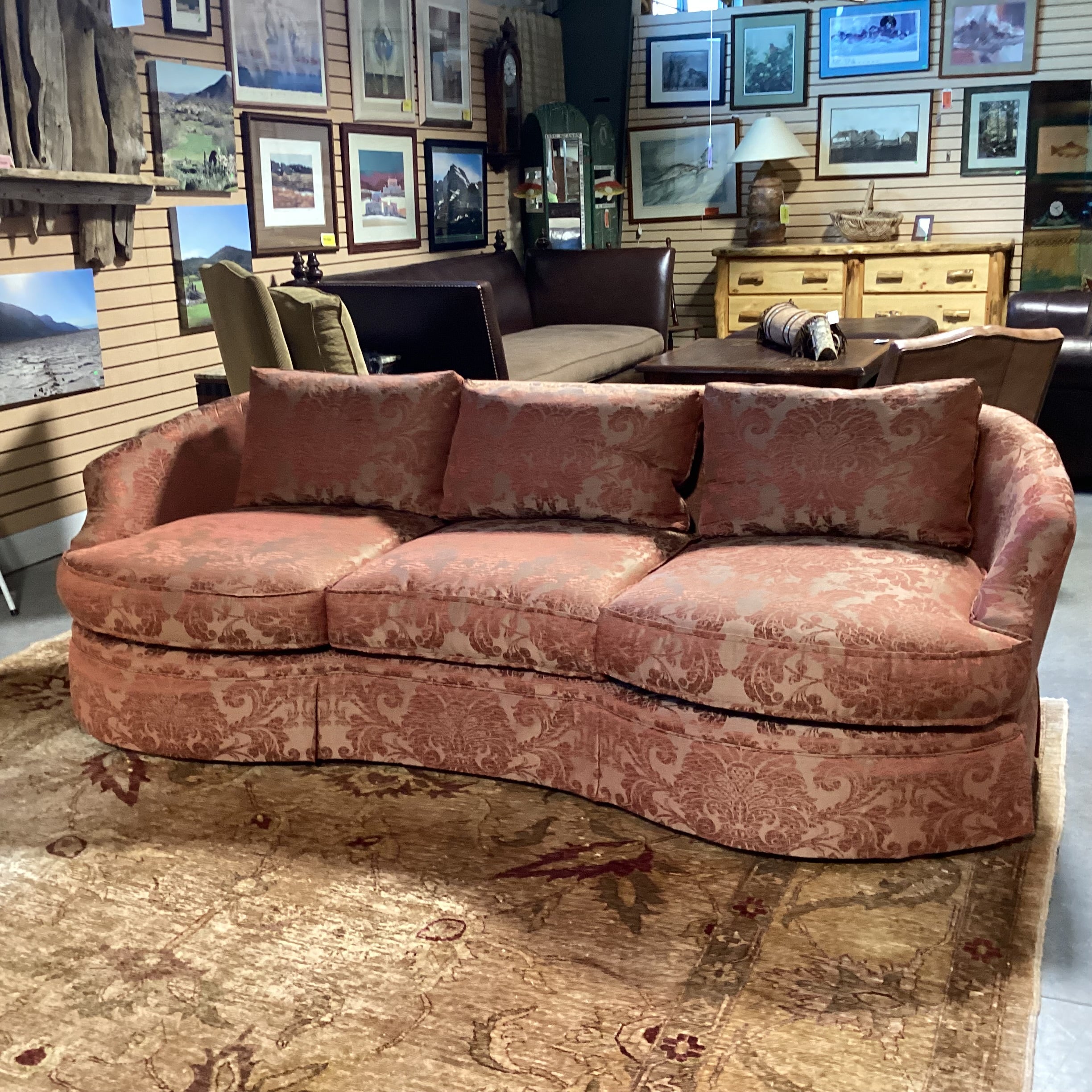 Custom Golden Burnt Orange Ornate Silky Metallic Floral Down Mix Curved Sofa 101"x 44"x 32"