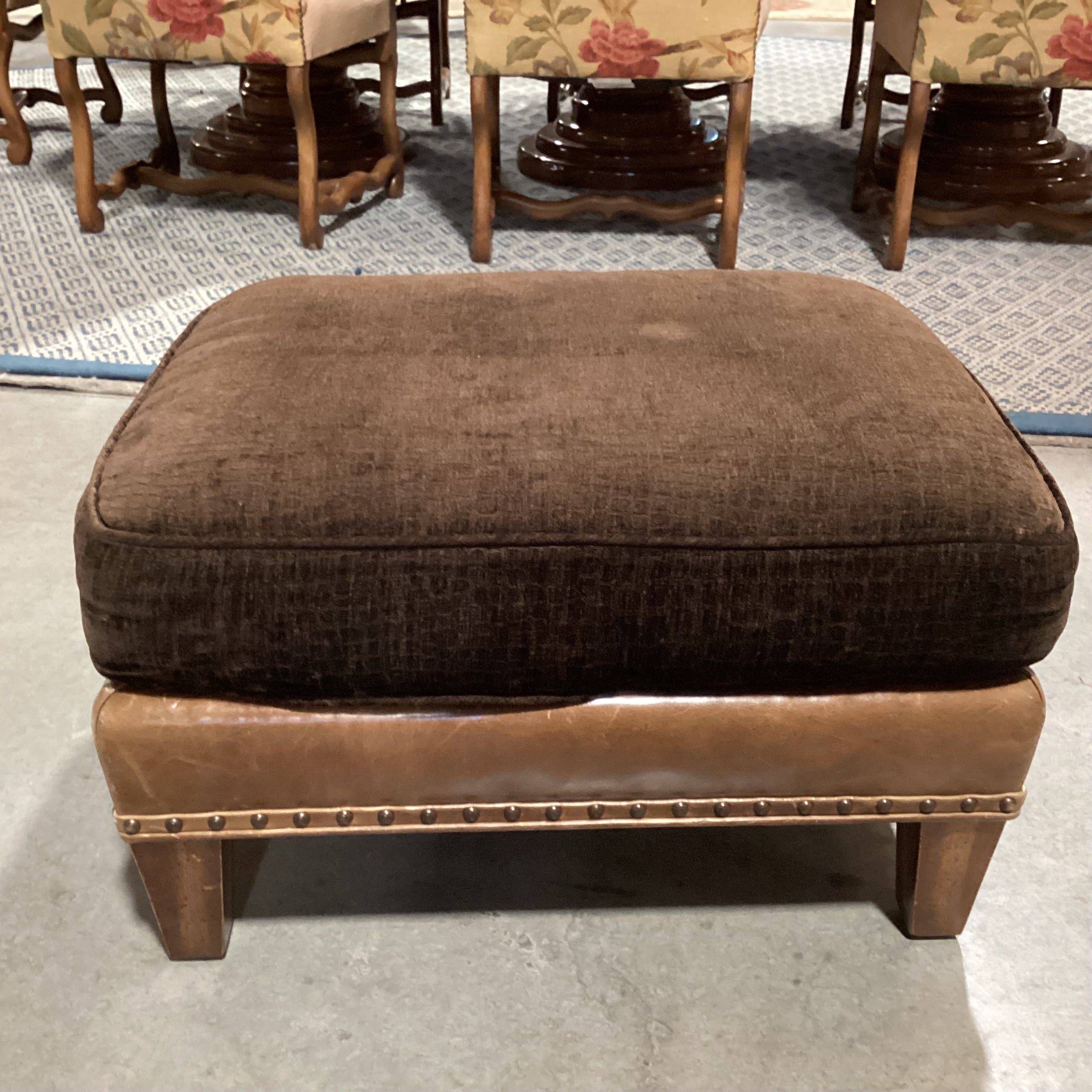 Wesley Hall Collection Distressed Leather Nailhead & Brown Upholstered Ottoman 26"x 21"x 15"