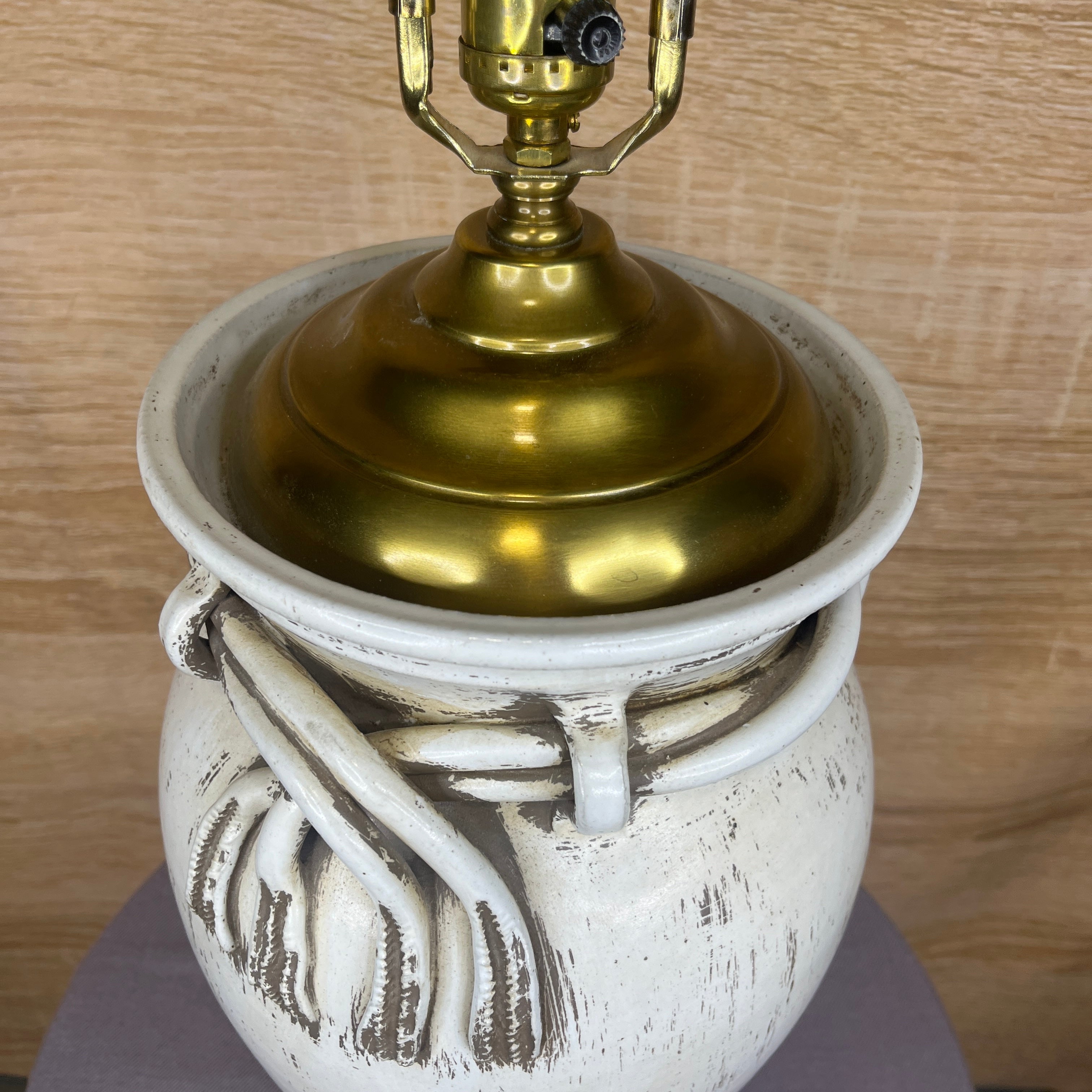 Paul Hanson Style Distressed Rope Pottery Urn and Brass without Shade Table Lamp 10" Diameter x 29"