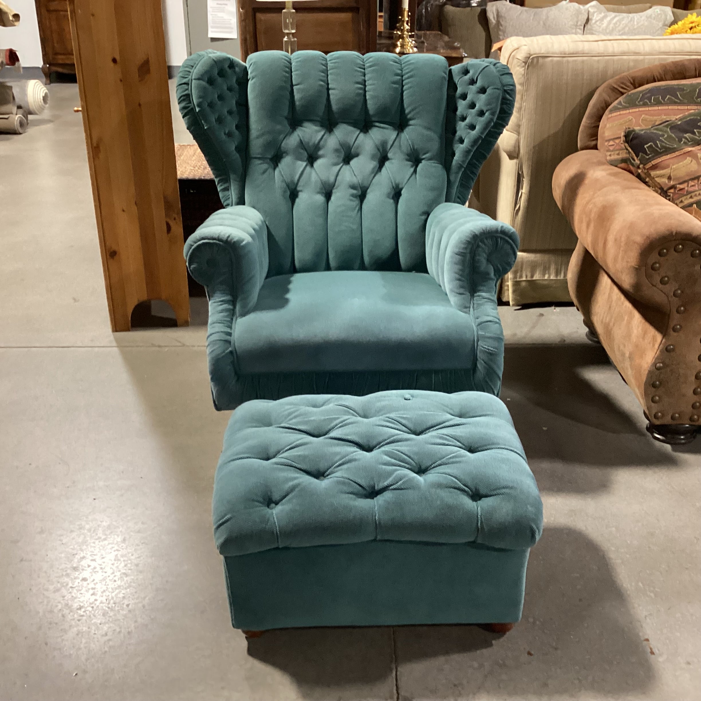 Vintage Antique Teal Tufted Winged with Ottoman Rocker Chair 34"x 36"x 39"