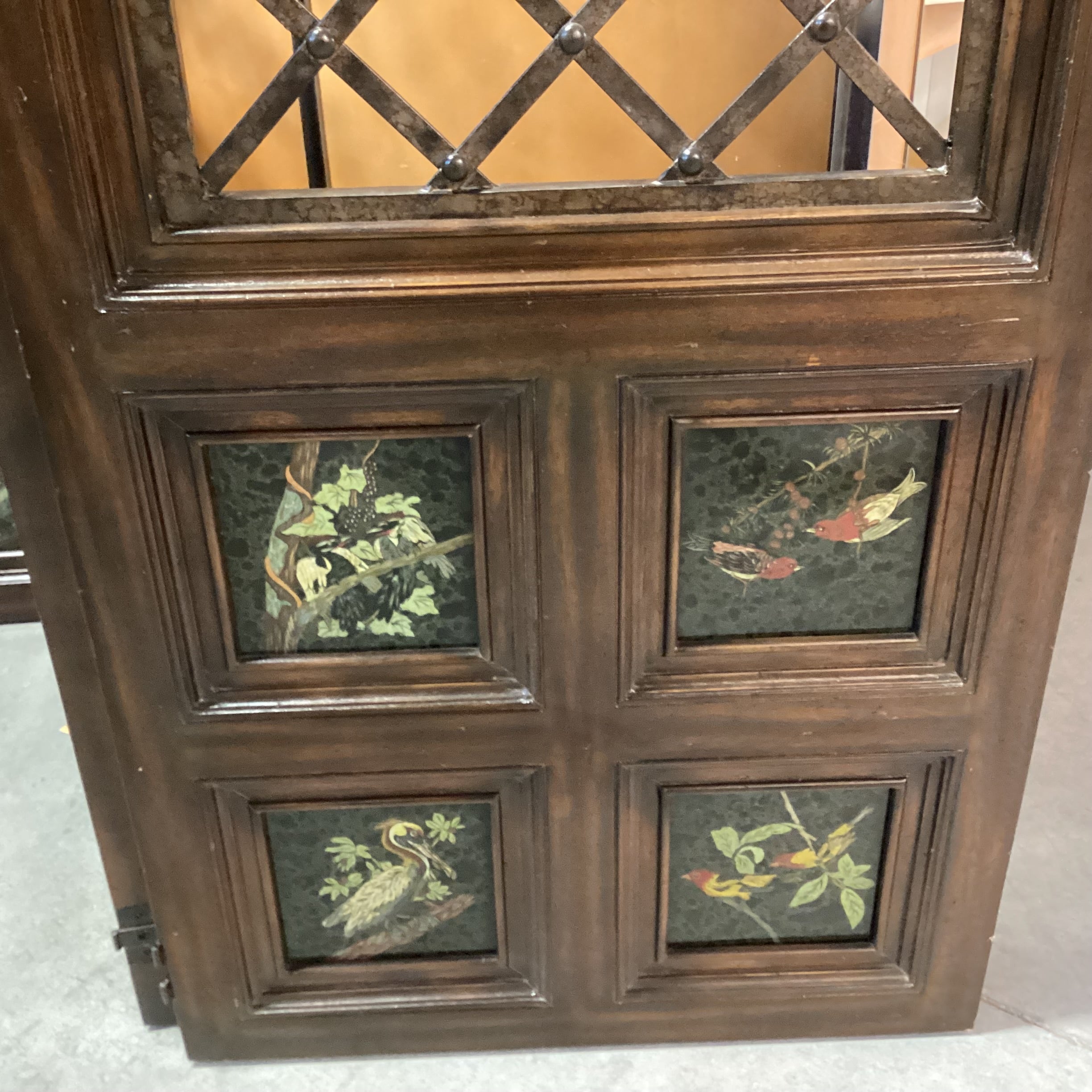 Maitland Smith Carved Wood Metal Lattice & Bird Painted Glass Panes 3 Panel Room Divider 26"x 91.5" Per Panel