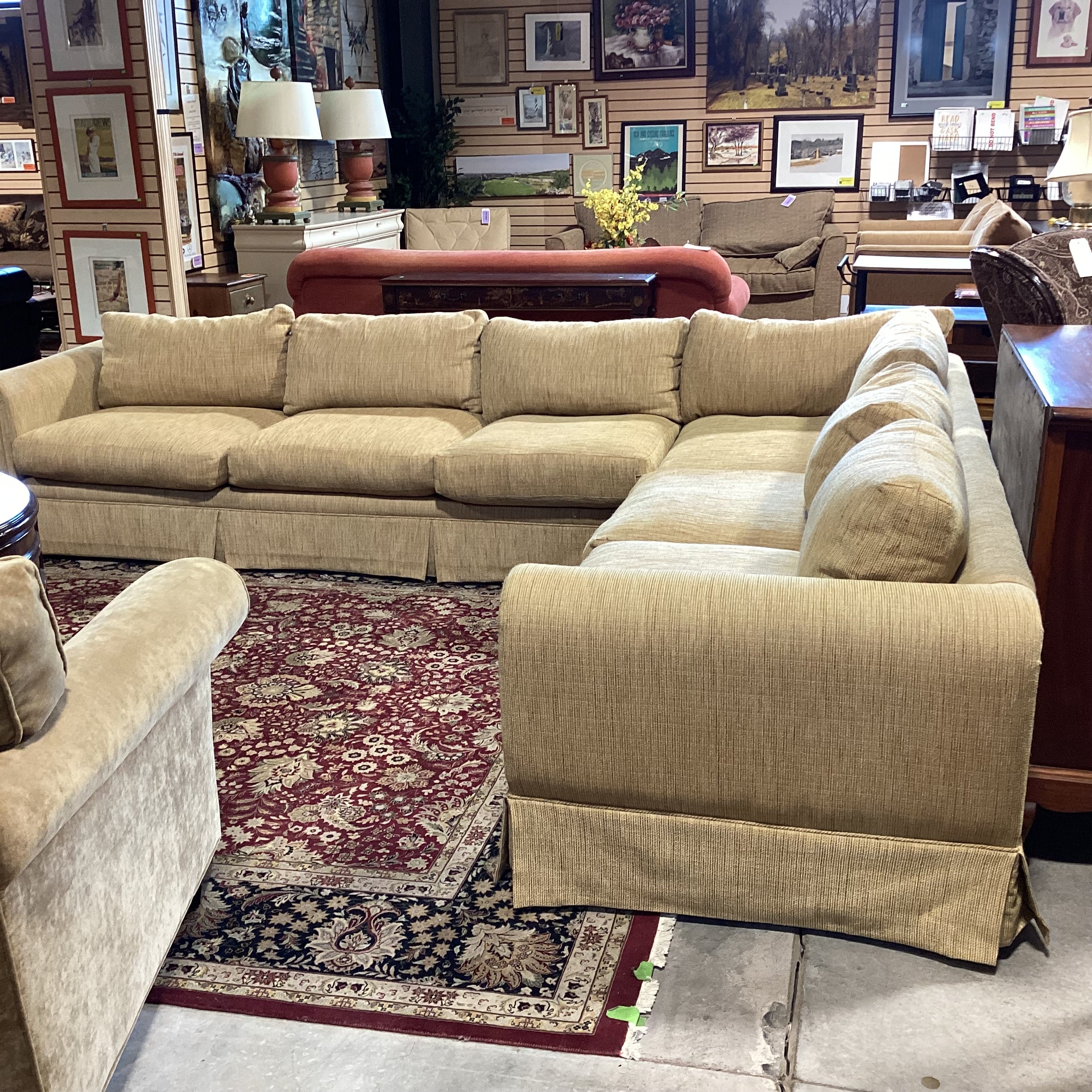 Custom Golden Wheat Woven Down Mix 2 Piece Sectional 132"x 106"x 36"x 27"