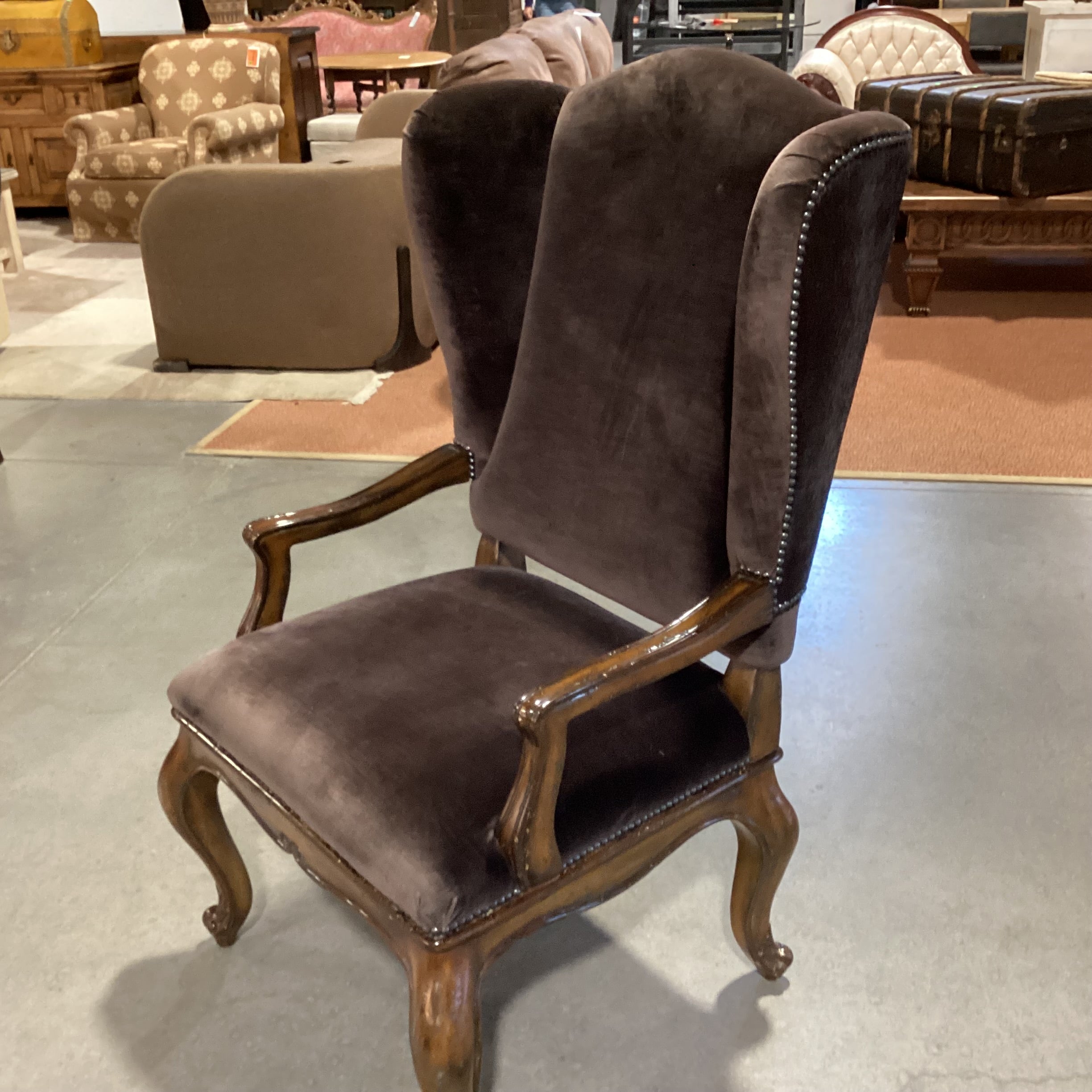 Ornate Carved Wood Dark Brown Velvet Nailhead & Cowhide Back Wing Chair 29"x 28"x 49"
