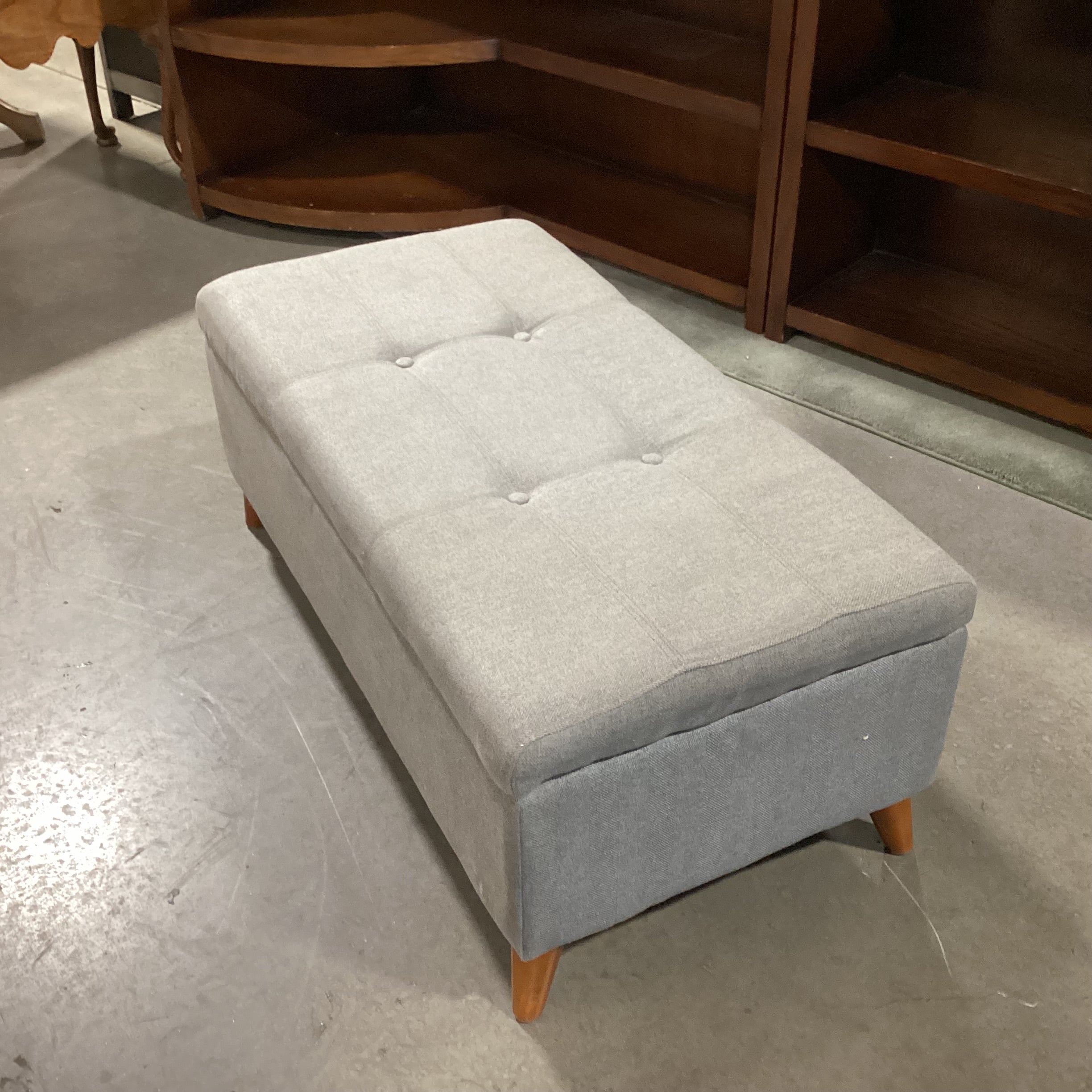 Grey Tufted & Wood Legs Storage Bench 38"x 19"x 14.5"