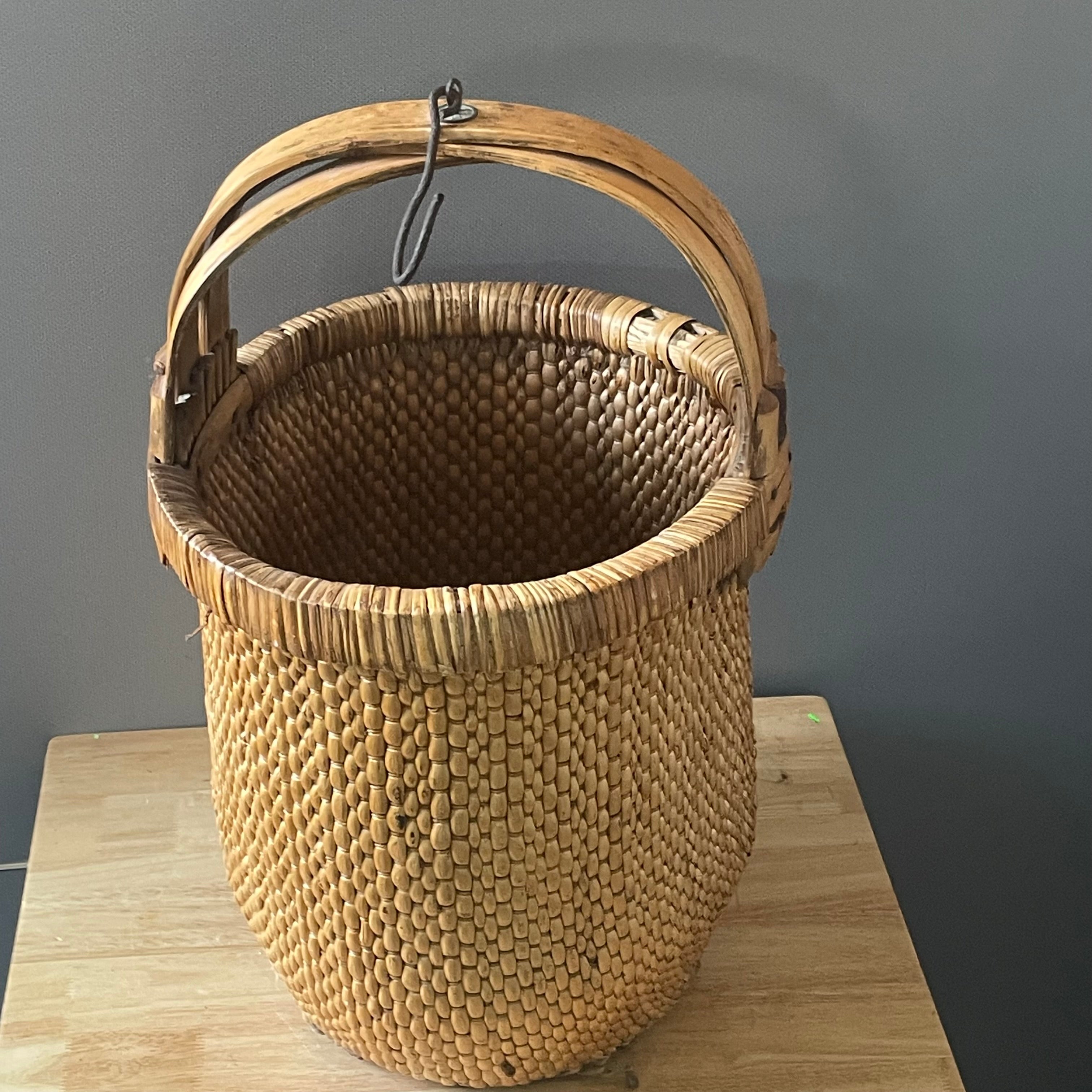 Antique Chinese Bamboo, Rattan Woven Rice Bucket, 16"x 13"x 24"