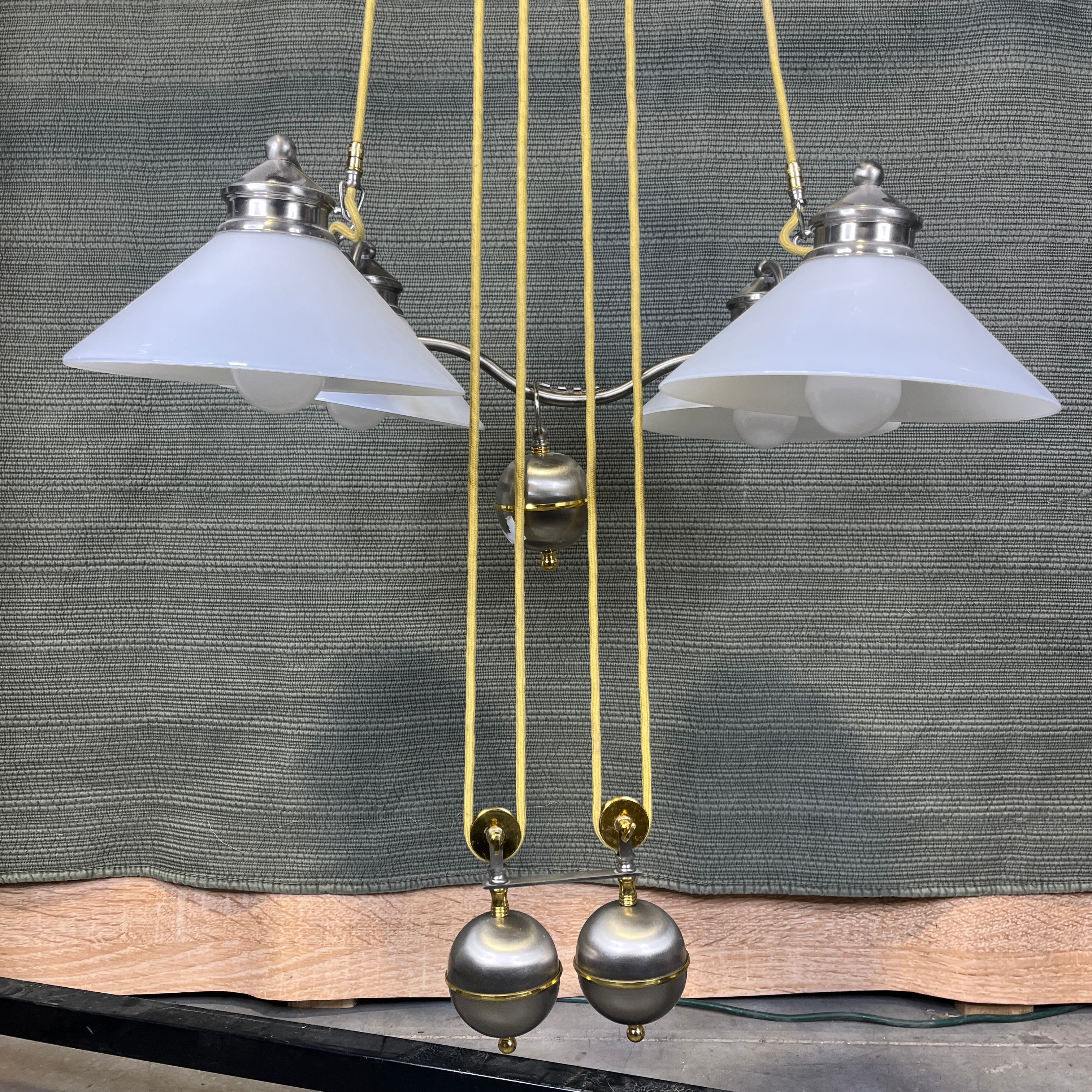 Industrial Style 4-Light Silver and Gold with Milk Glass Shades Counterweight Ceiling Pendant 24"x 22"x 54"