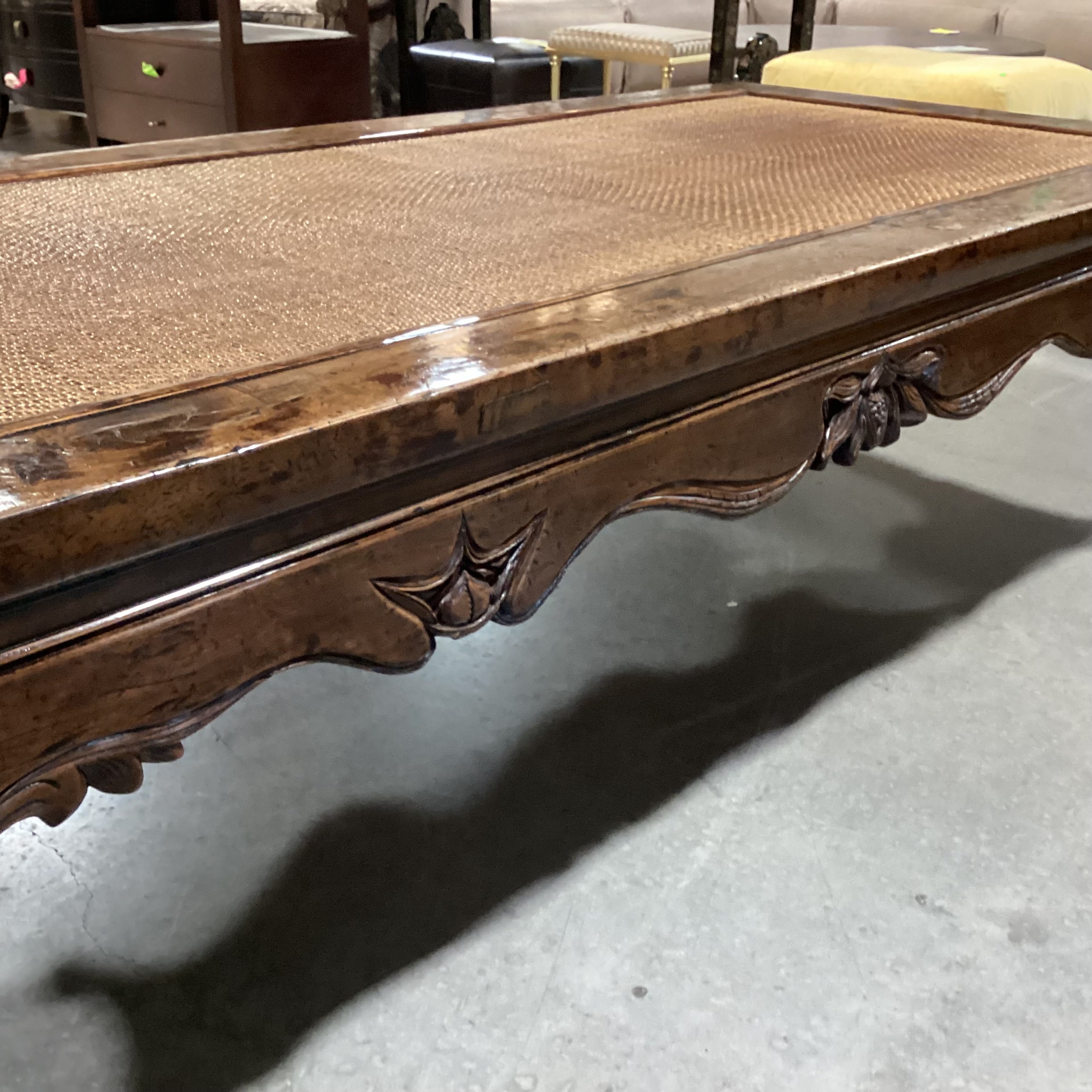 Asian Inspired Carved Distressed Wood & Rattan Raffia Woven Inset Coffee Table 72"x 35"x 21"