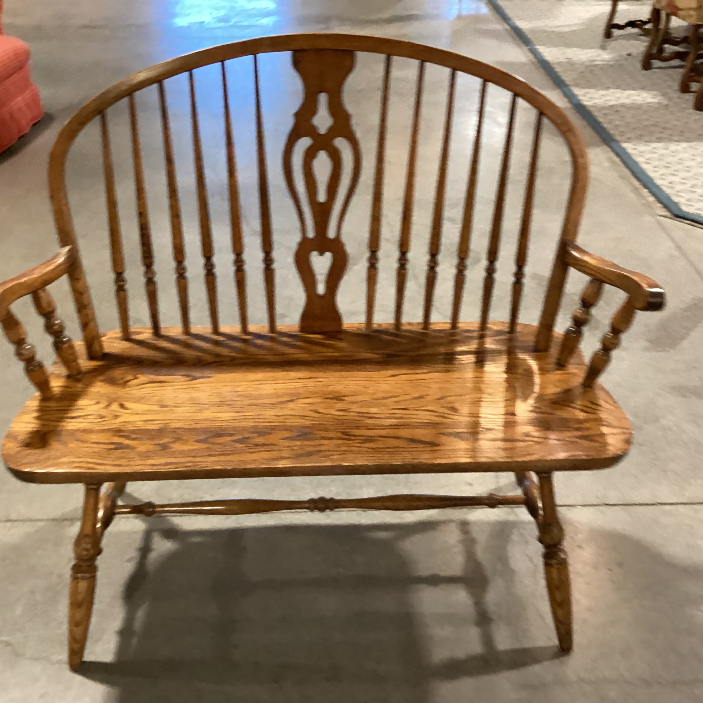 Dinaire Buffalo NY Vintage Antique Solid Oak Windsor Style Bench 43"x 20"x 38"