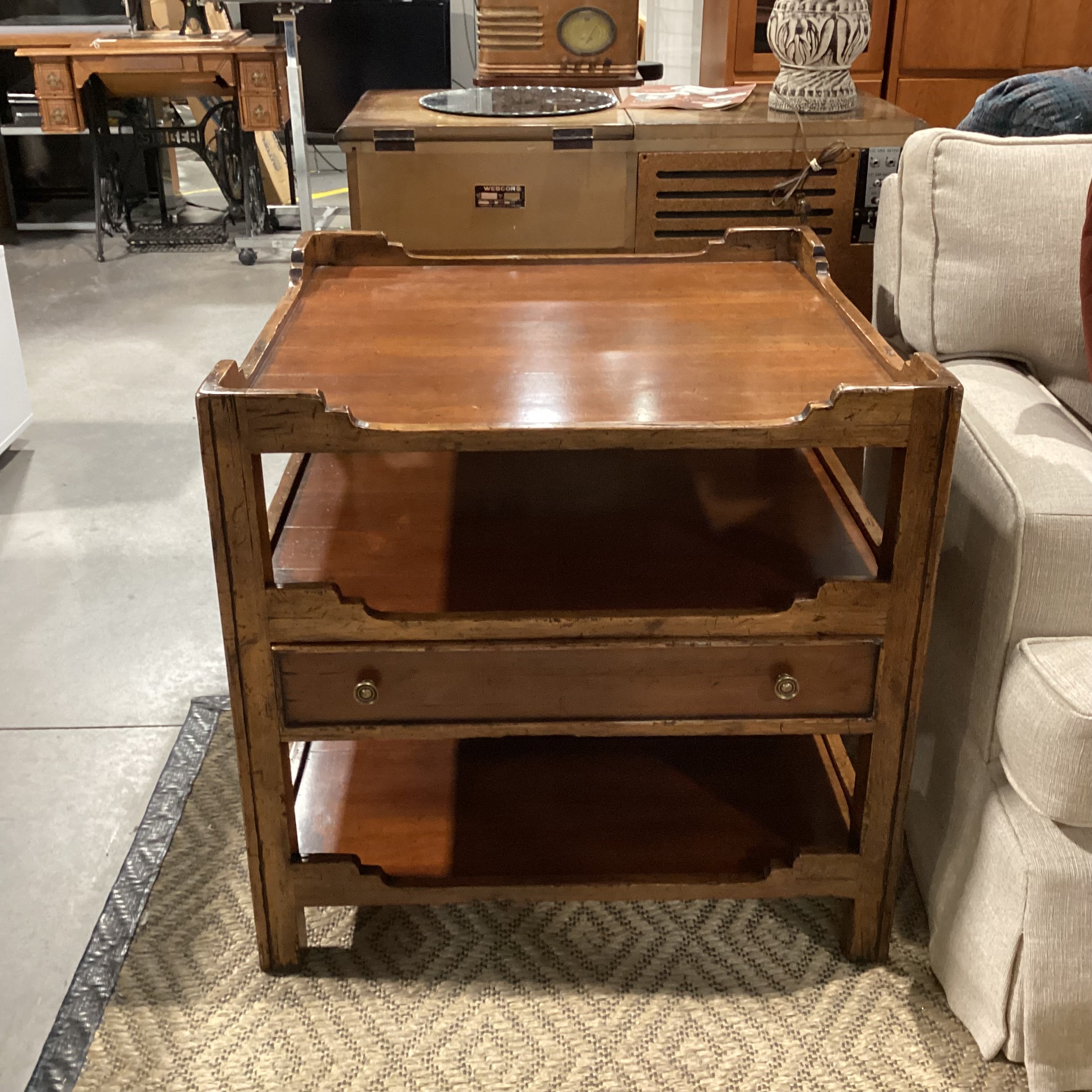 Distressed Carved Wood 3 Tiered 1 Drawer Accent Table 30"x 30"x 29.5"