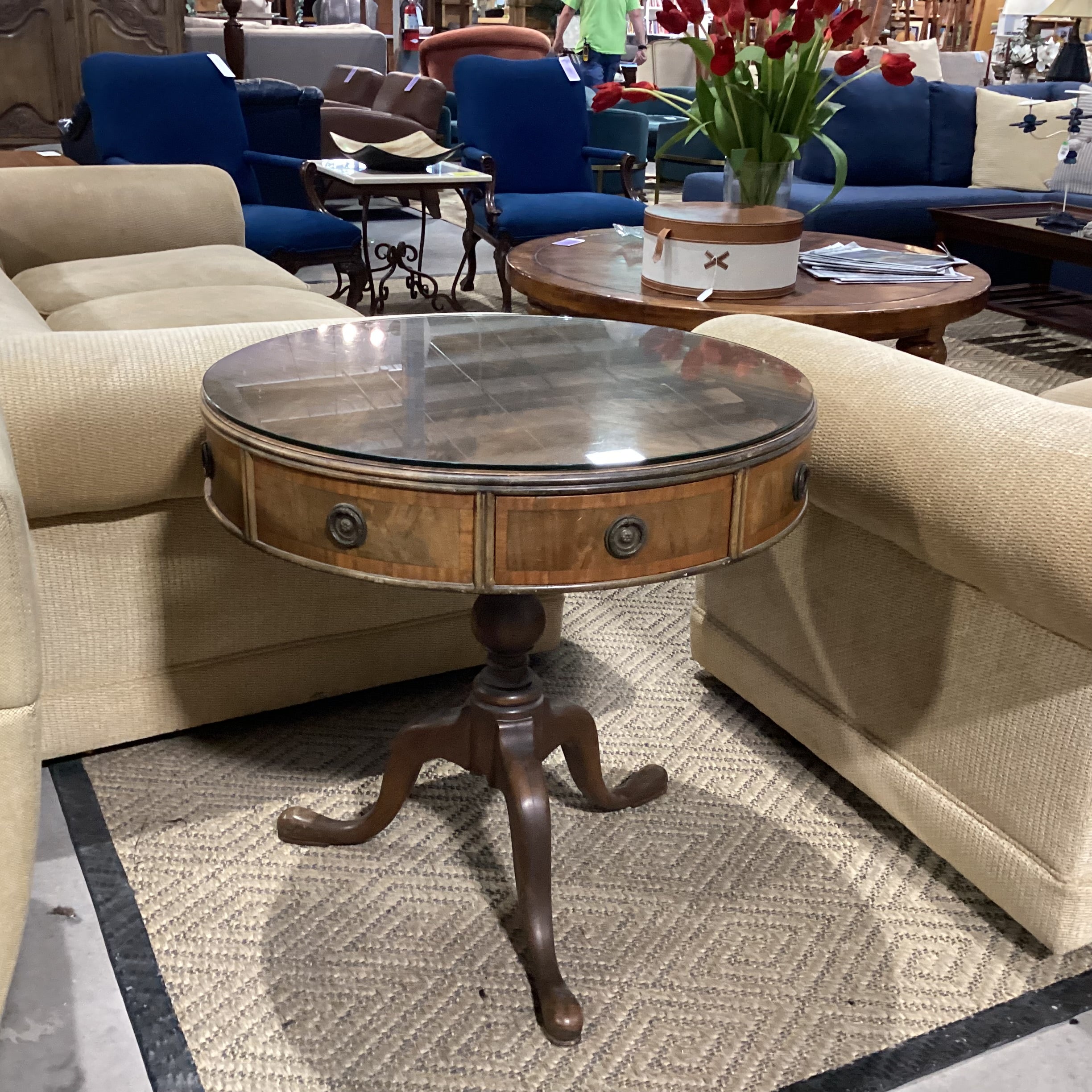 Antique Round Carved Wood &  Flamed Mahogany Veneer 4 Drawer Glass Top Accent Table 30" Diameter x 29.5"