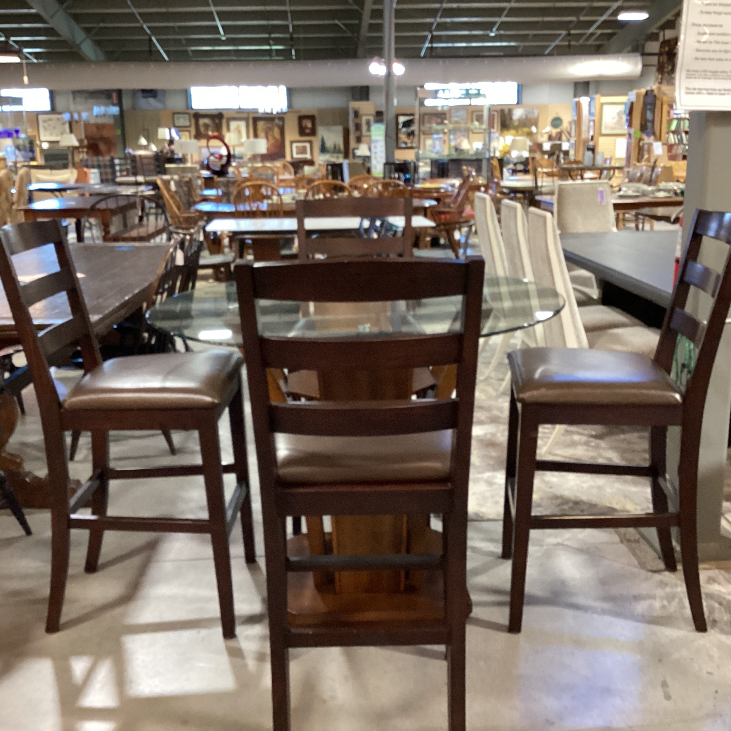 Wood & Glass Table with 4 Wood & Leather Barstools Dining Set 48" Diameter x 36"