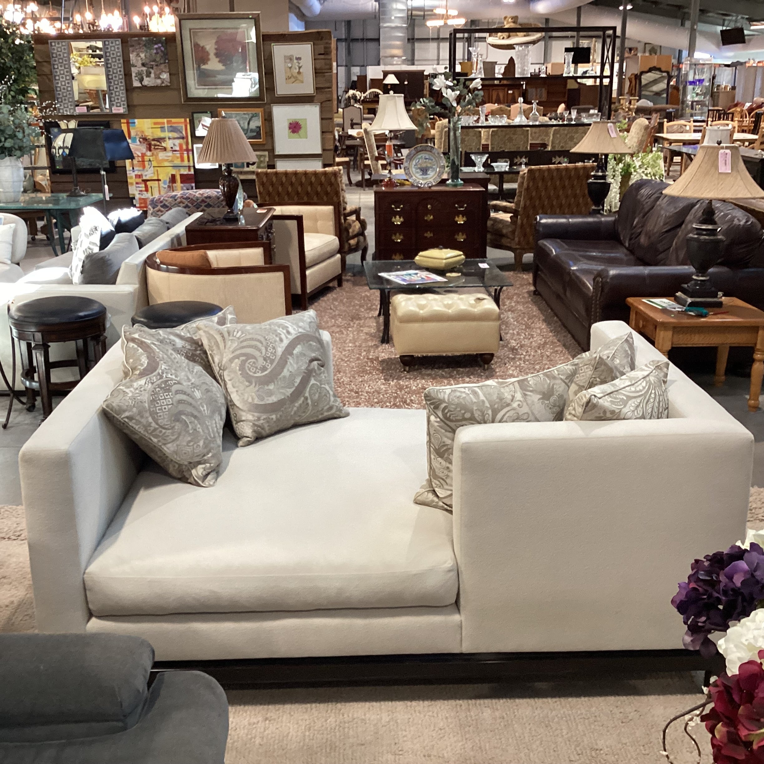 JJ Custom Dove Grey Wool Down Mix with Metallic Taupe &Ivory Accent Pillows Modern Chaise Sofa 76"x 48"x 33"