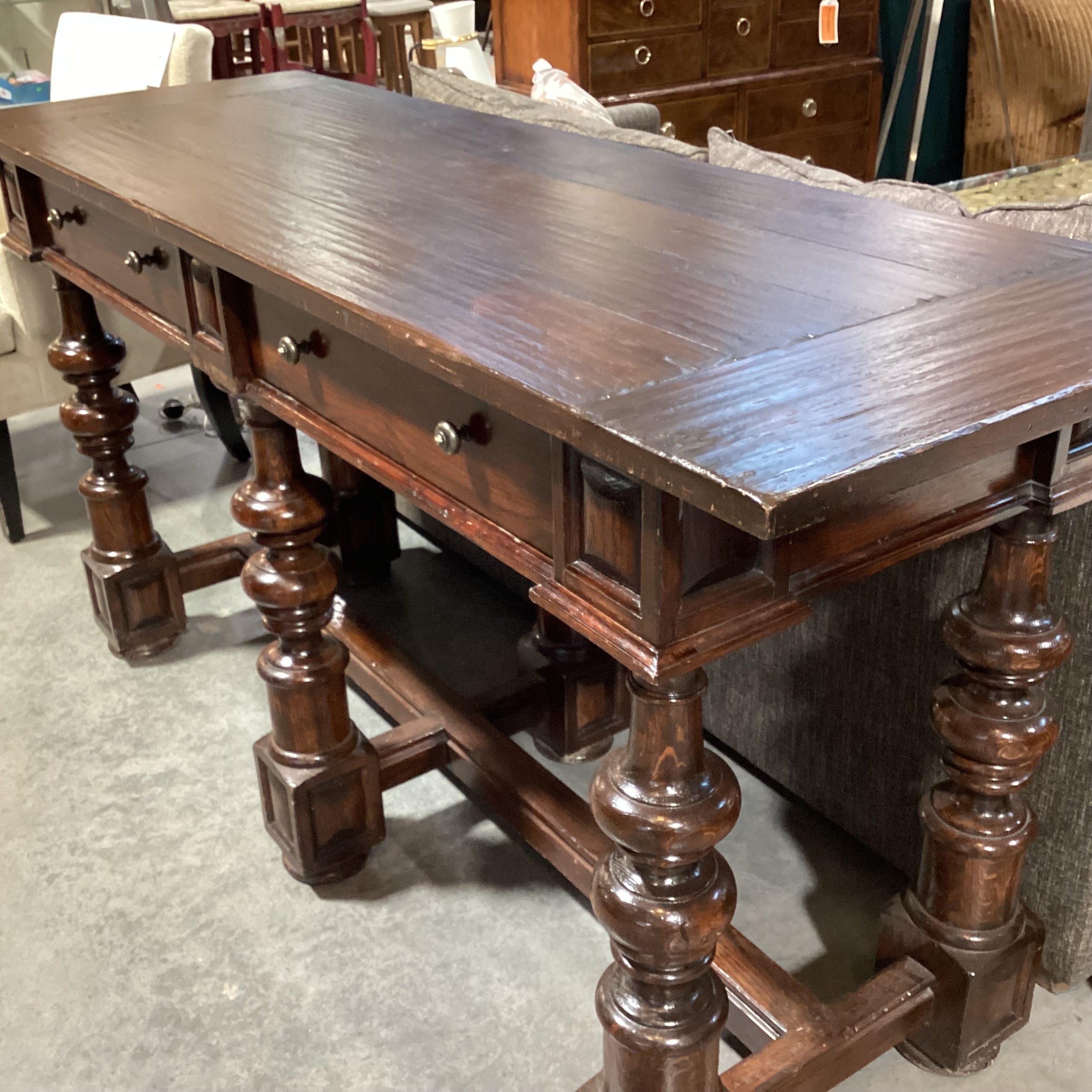 Carved Wood 2 Drawer with Ornate Legs & Trestle Sofa Table 72"x 24"x 36"